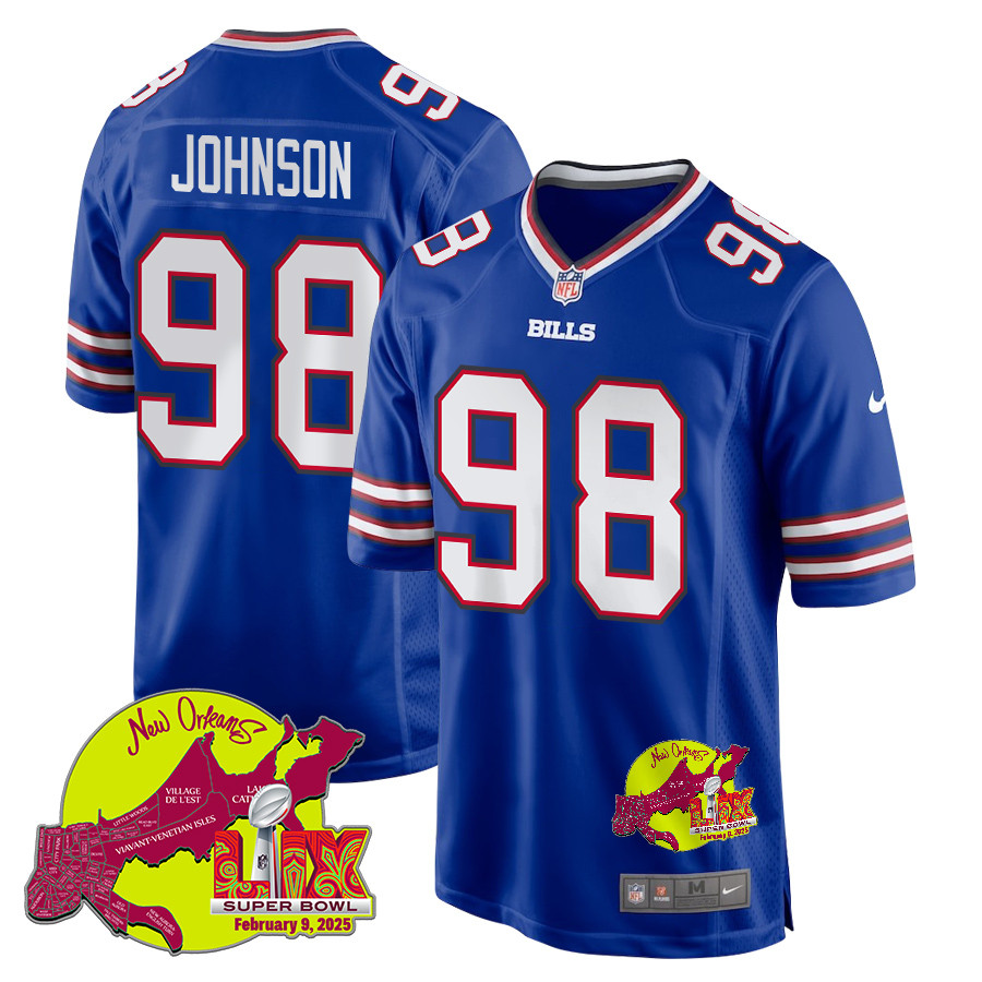 Austin Johnson 98 Buffalo Bills Super Bowl LIX New Orleans Patch Game Royal NFL Jersey Men's