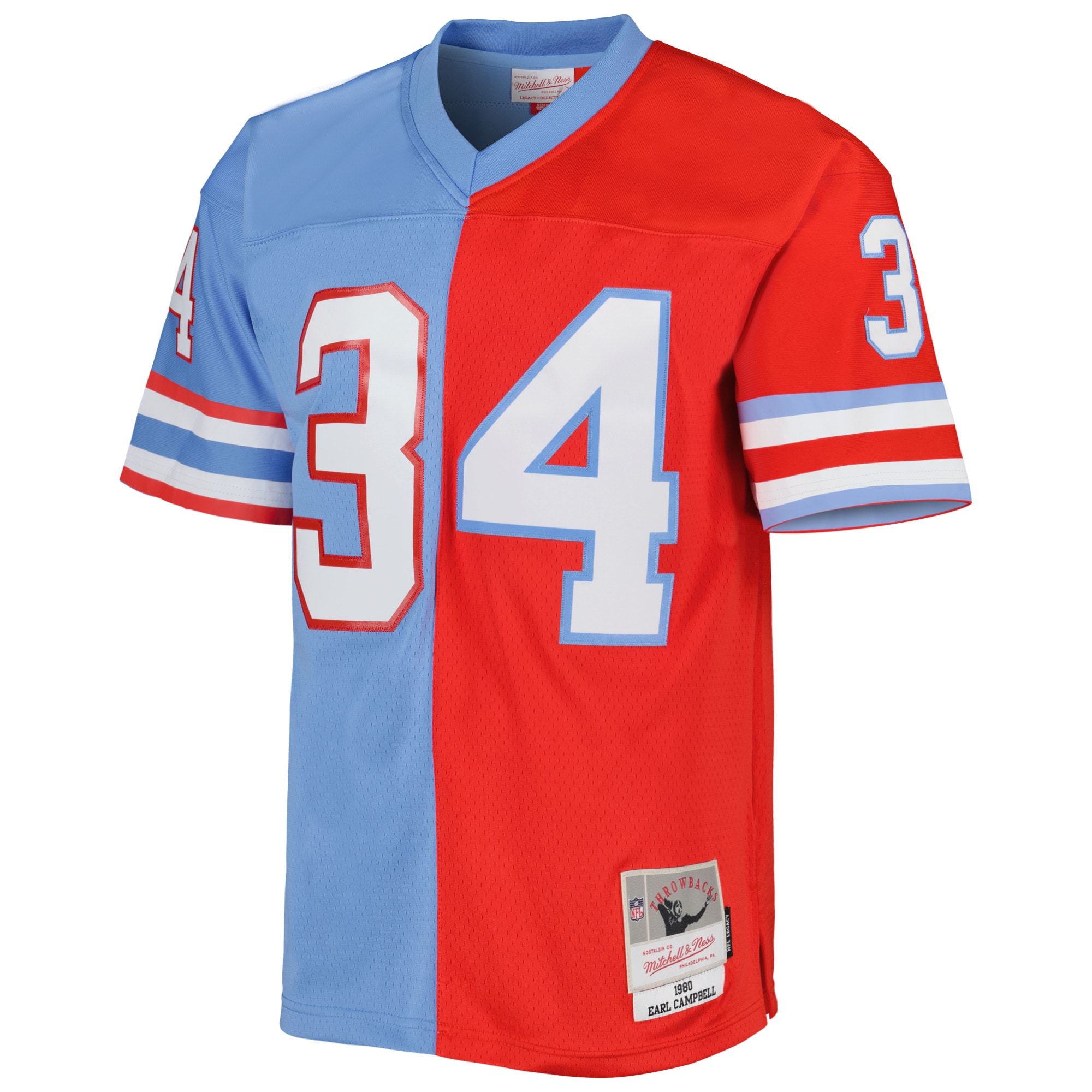 Houston Oilers Earl Campbell Mitchell Ness Red/Light Blue Gridiron Classics 1980 Split Legacy NFL Jersey Men's