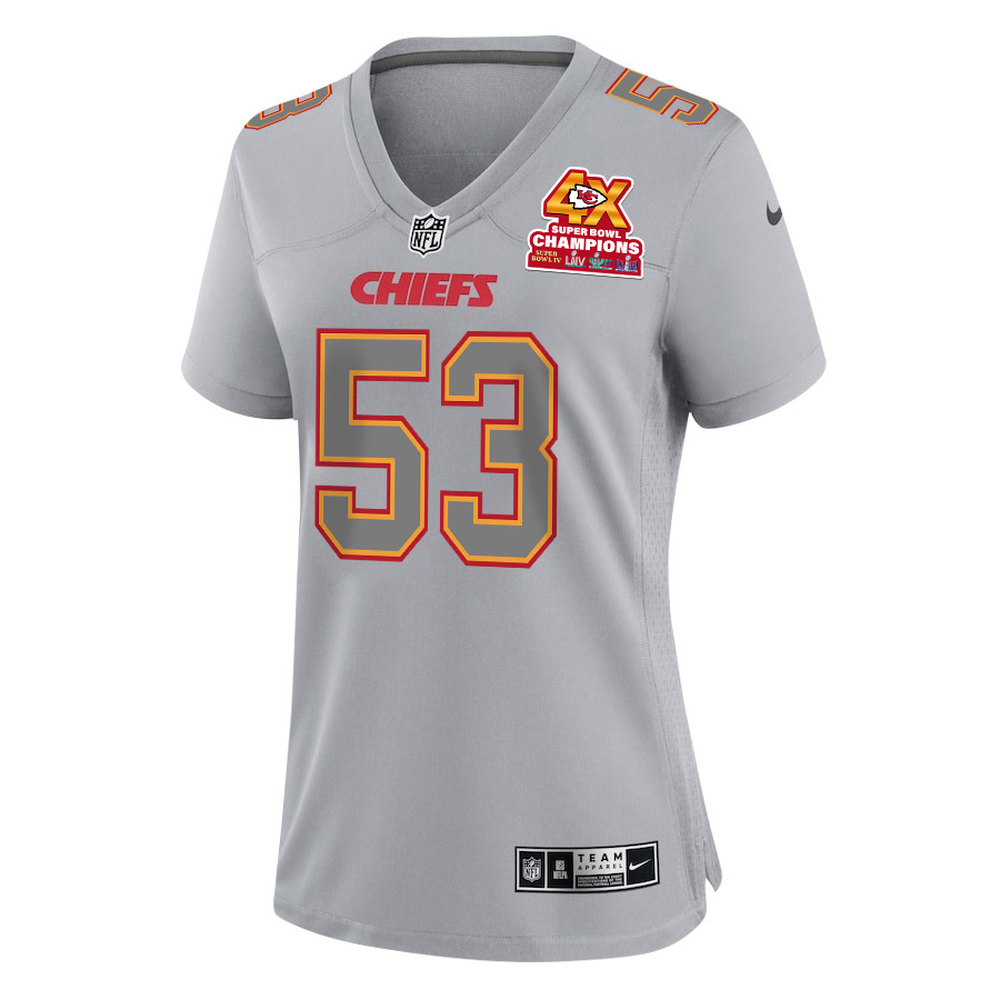 BJ Thompson 53 Kansas City Chiefs Super Bowl LVIII Champions 4X Atmosphere Fashion Game Gray NFL Jersey Women's