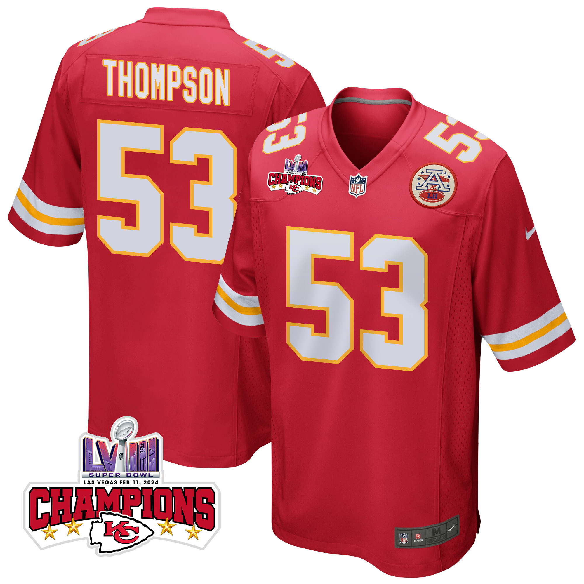 BJ Thompson 53 Kansas City Chiefs Super Bowl LVIII Champions 4 Stars Patch Game Red NFL Jersey Men's
