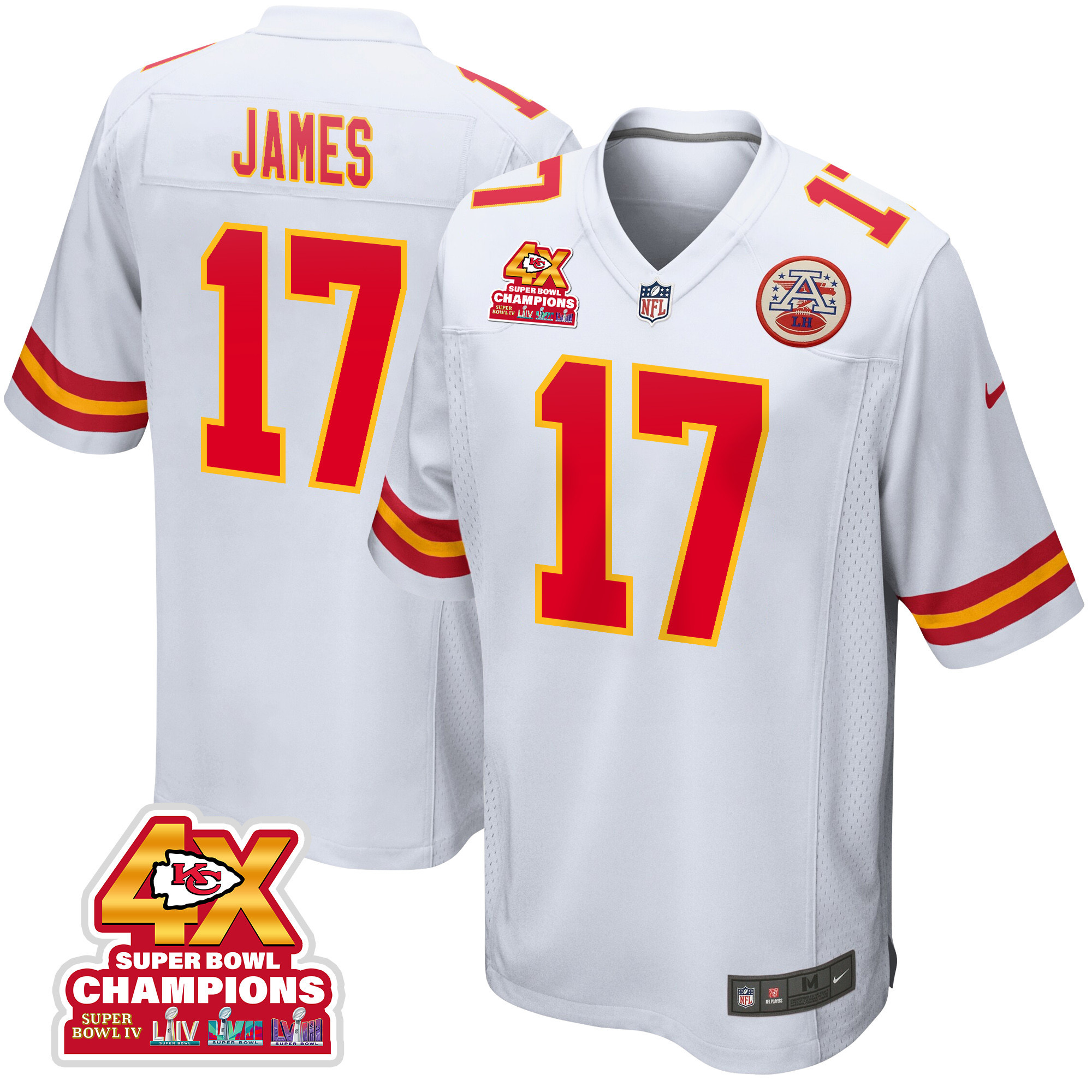 Richie James 17 Kansas City Chiefs Super Bowl LVIII Champions 4X Game White NFL Jersey Men's