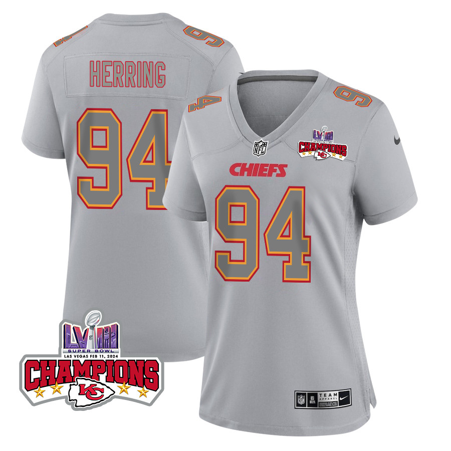 Malik Herring 94 Kansas City Chiefs Super Bowl LVIII Champions 4 Stars Patch Atmosphere Fashion Game Gray NFL Jersey Women's
