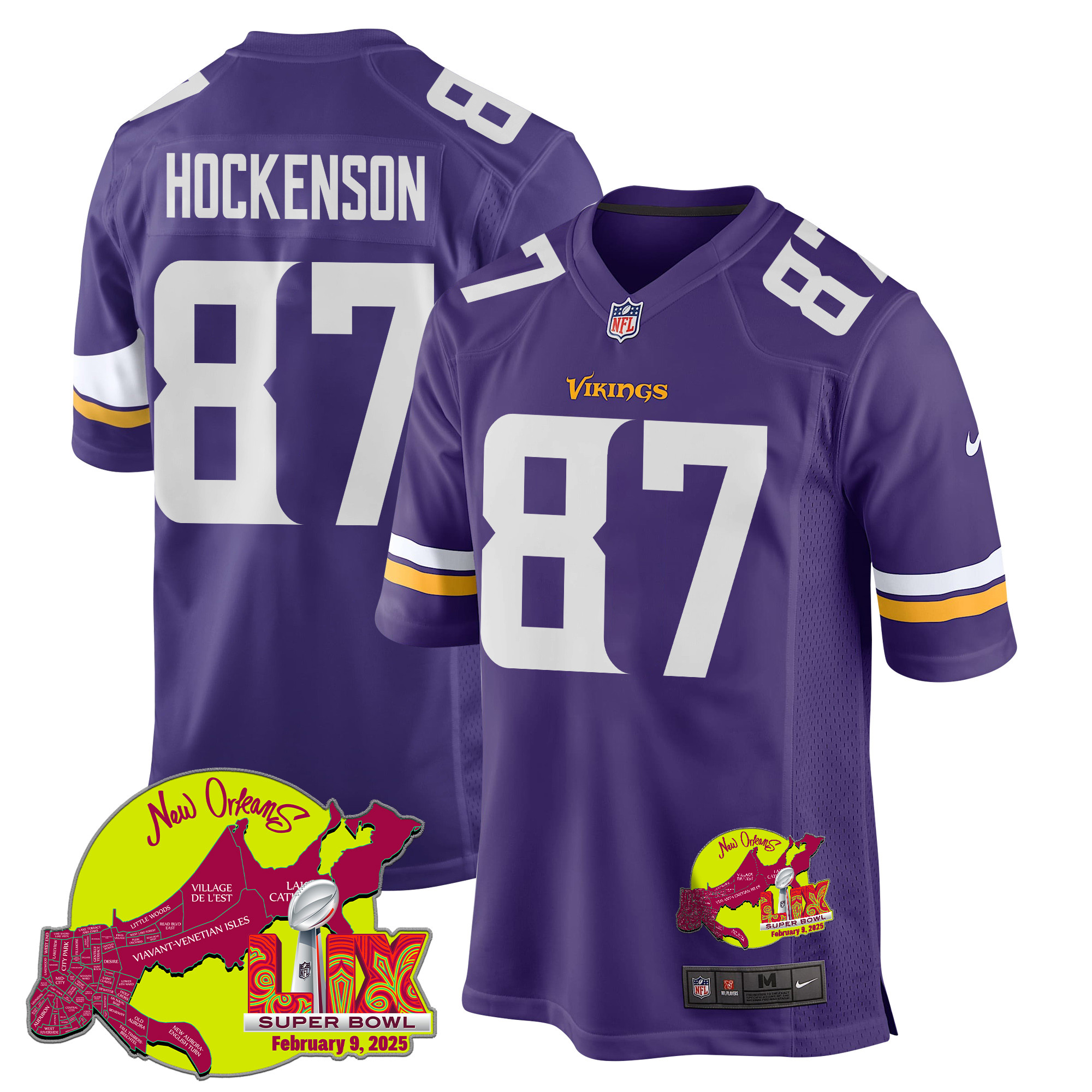 T.J. Hockenson 87 Minnesota Vikings Super Bowl LIX New Orleans Patch Game Purple NFL Jersey Men's