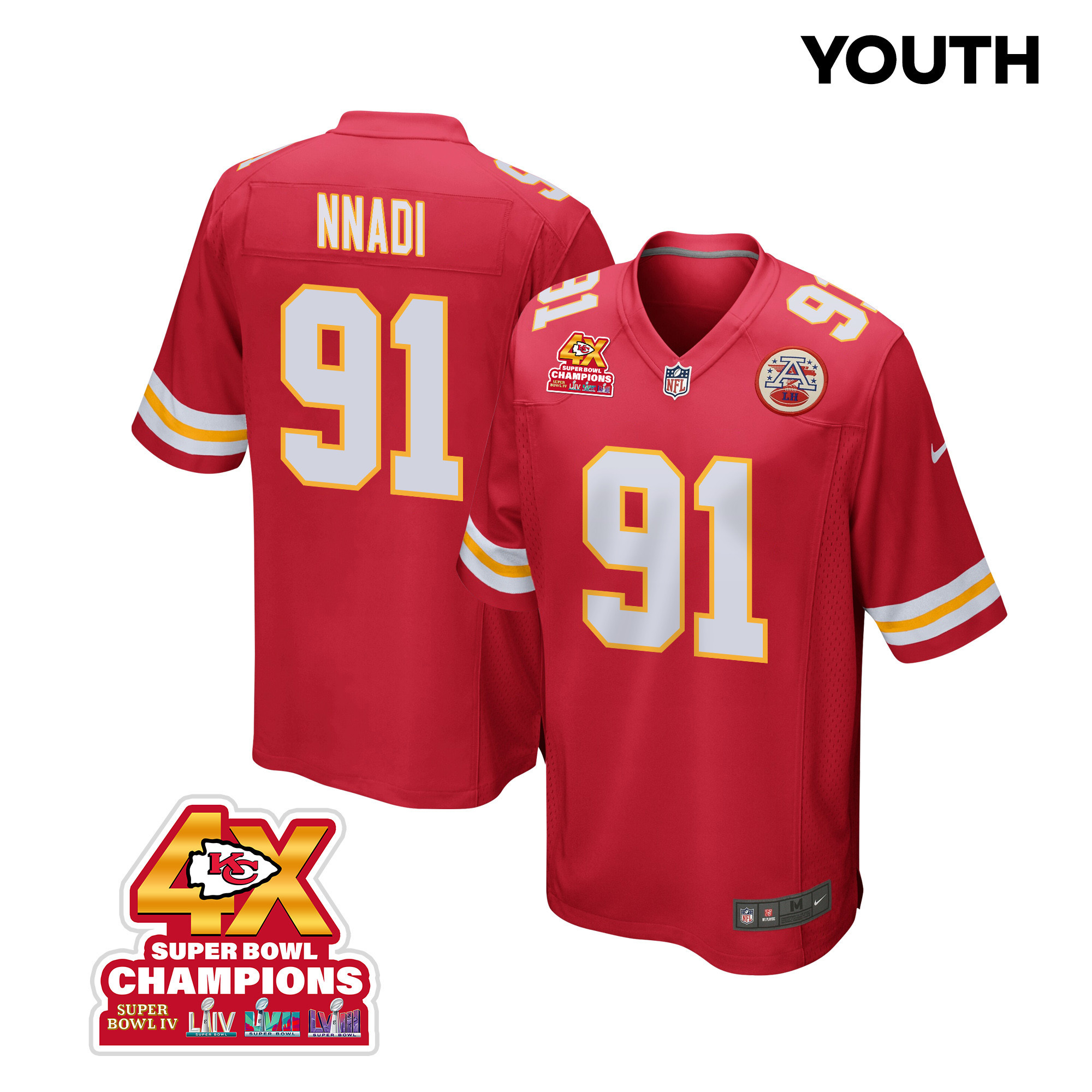 Derrick Nnadi 91 Kansas City Chiefs Super Bowl LVIII Champions 4X Game Red NFL Jersey Youth
