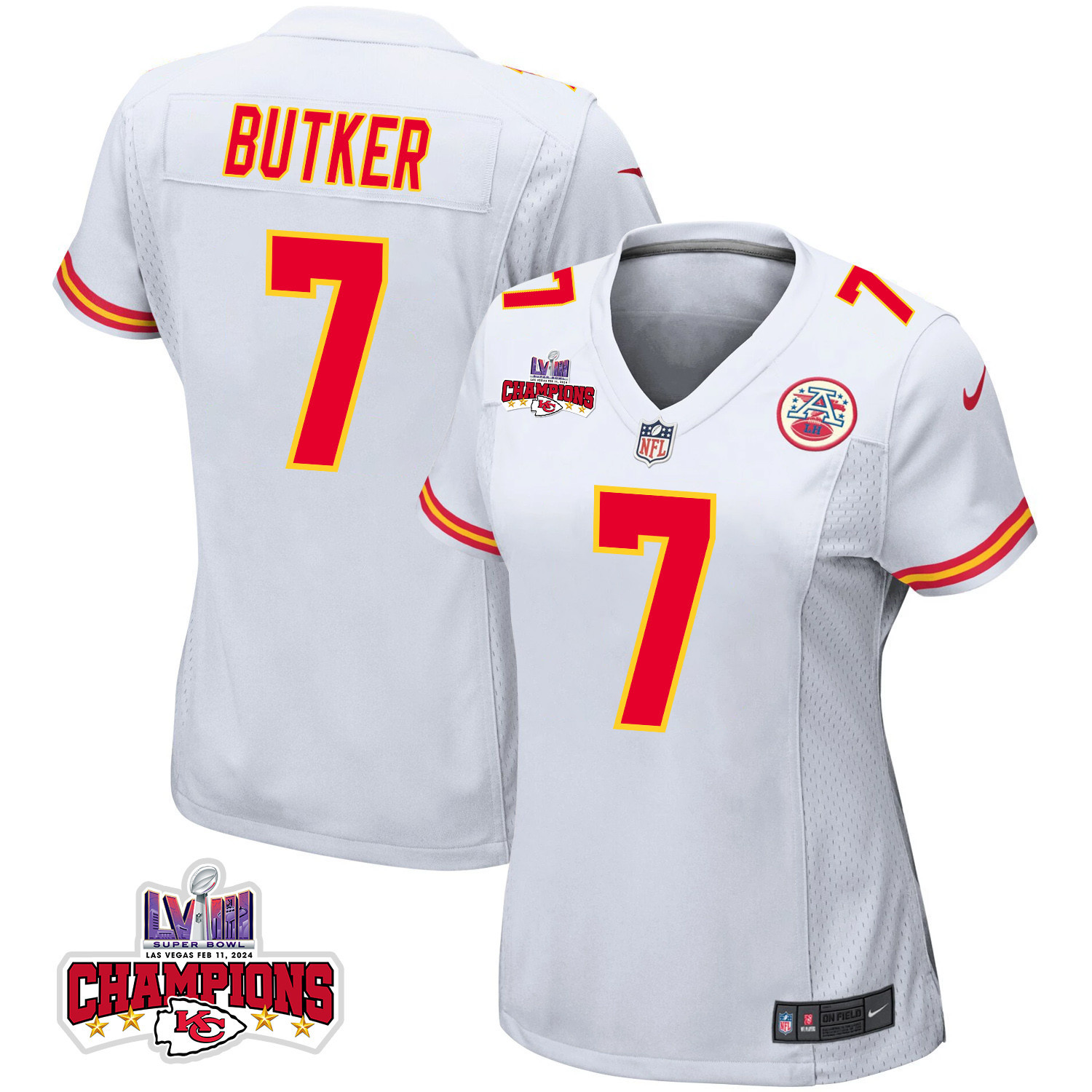 Harrison Butker 7 Kansas City Chiefs Super Bowl LVIII Champions 4 Stars Patch Game White NFL Jersey Women's