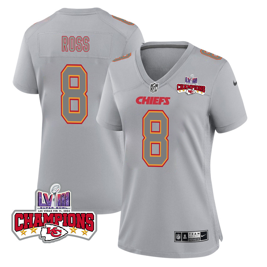 Justyn Ross 8 Kansas City Chiefs Super Bowl LVIII Champions 4 Stars Patch Atmosphere Fashion Game Gray NFL Jersey Women's