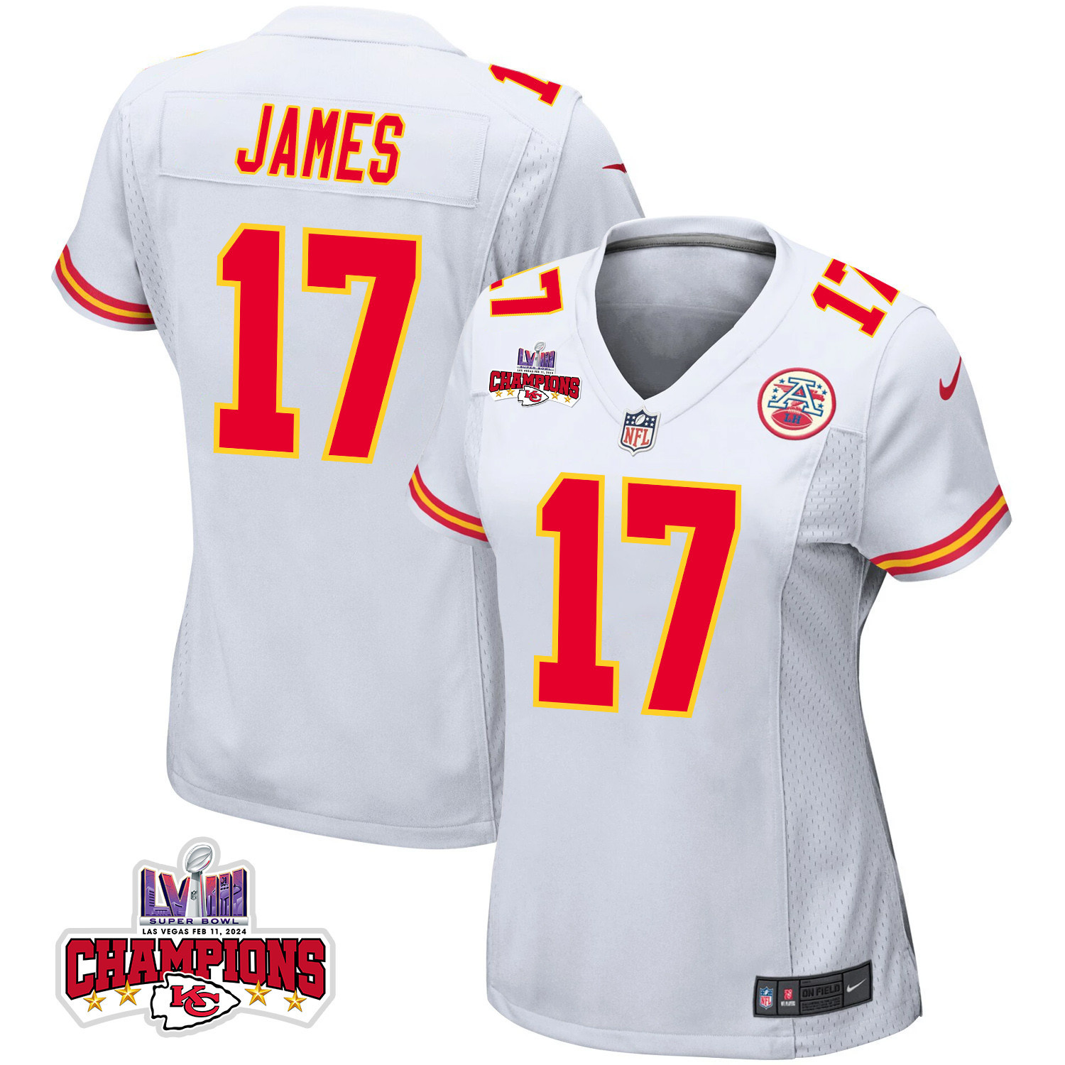 Richie James 17 Kansas City Chiefs Super Bowl LVIII Champions 4 Stars Patch Game White NFL Jersey Women's