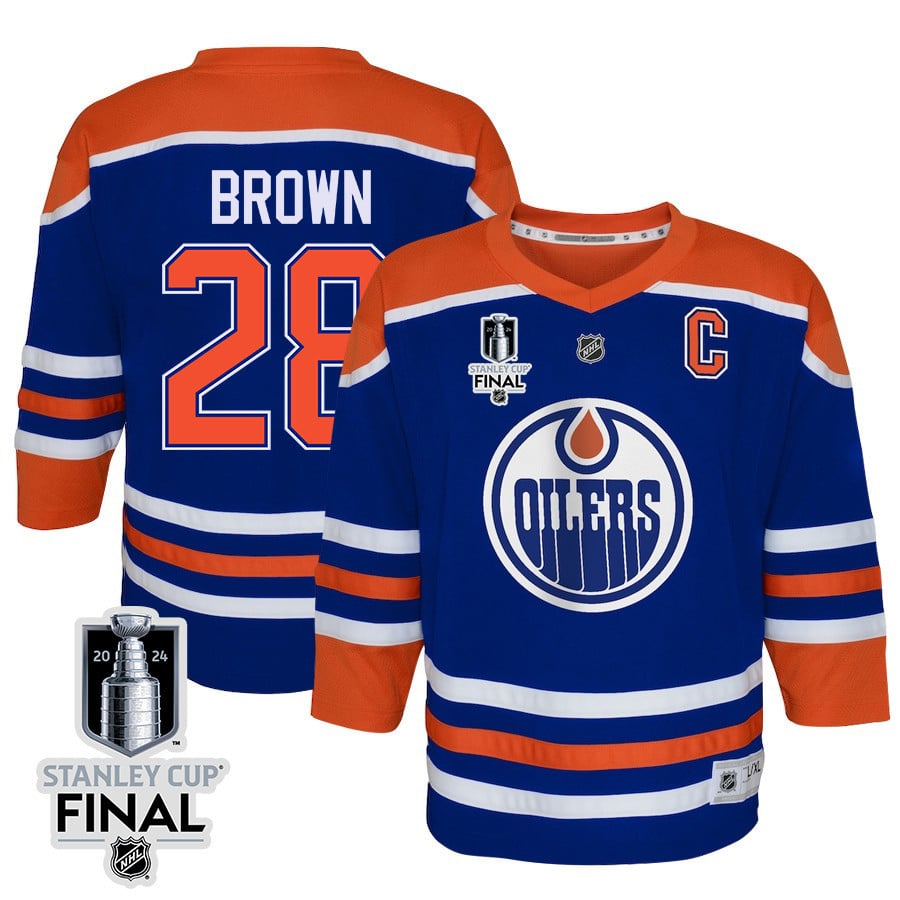 Connor Brown 28 Edmonton Oilers 2024 STANLEY CUP Final Home Royal NHL Jersey Youth