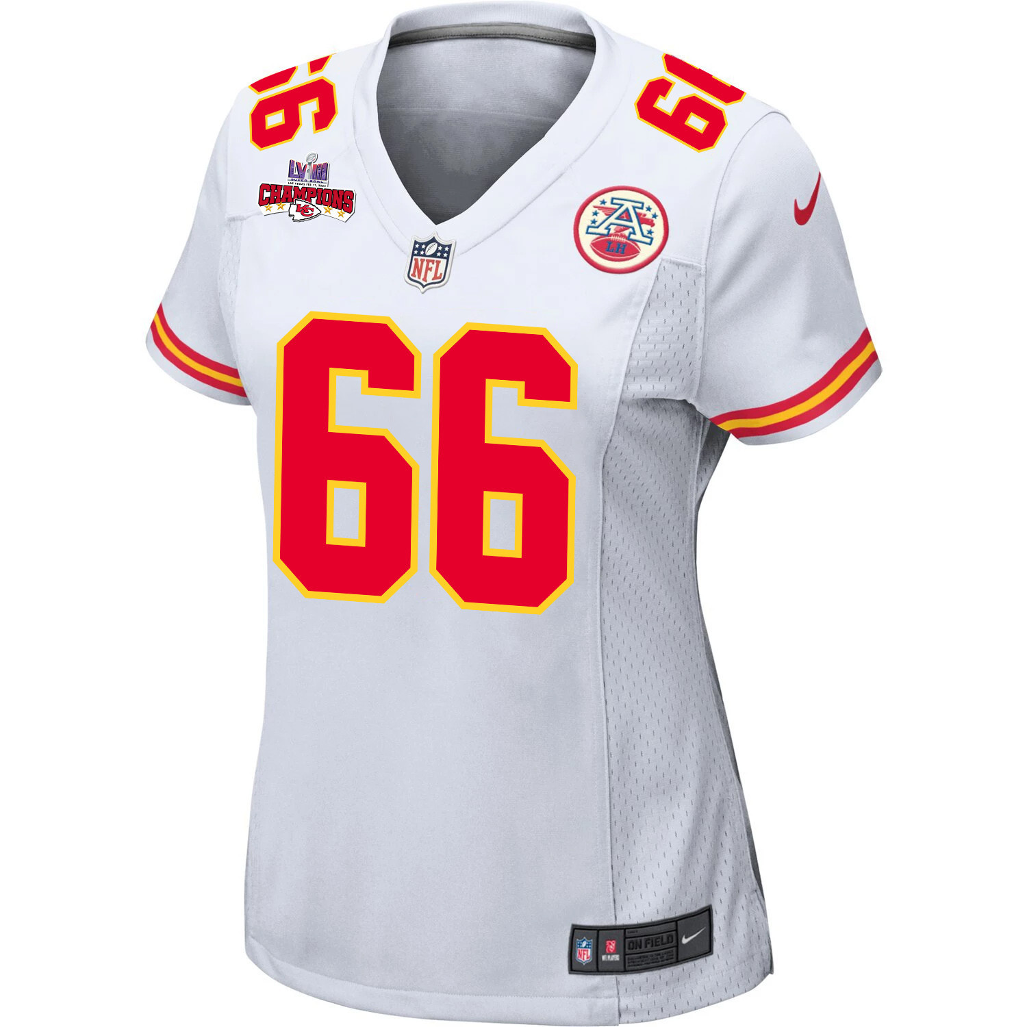 Mike Caliendo 66 Kansas City Chiefs Super Bowl LVIII Champions 4 Stars Patch Game White NFL Jersey Women's