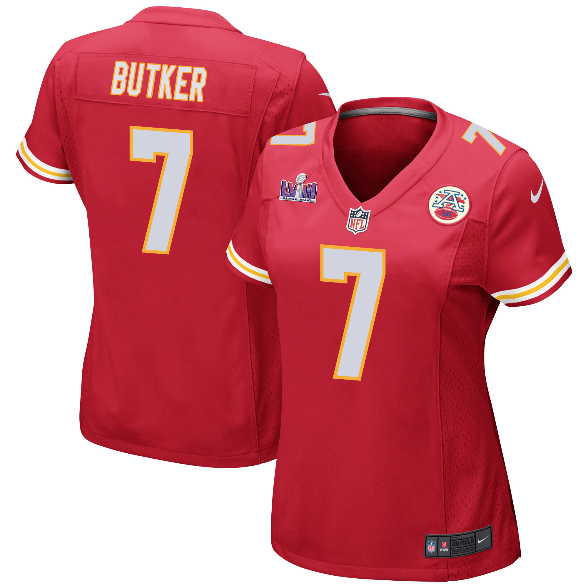 Harrison Butker 7 Kansas City Chiefs Super Bowl LVIII Patch Game Red NFL Jersey Women's