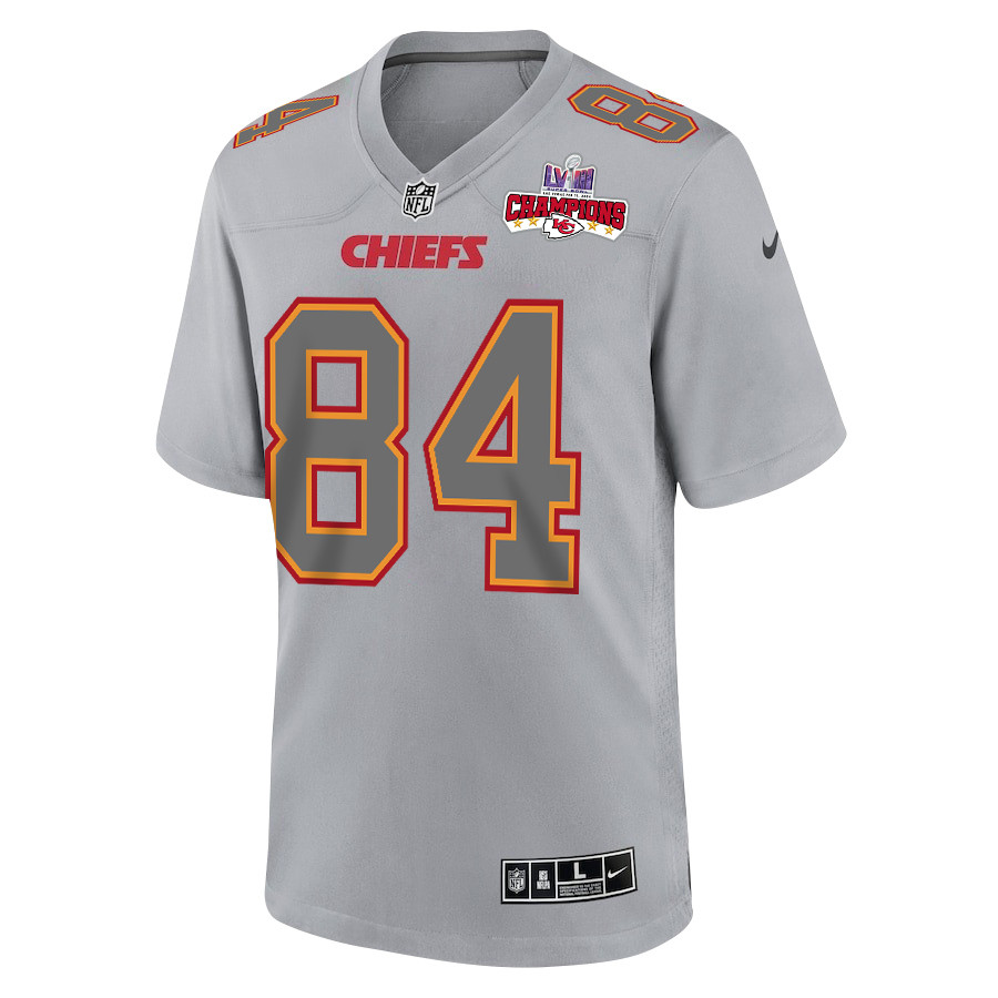 Justin Watson 84 Kansas City Chiefs Super Bowl LVIII Champions 4 Stars Patch Atmosphere Fashion Game Gray NFL Jersey Men's