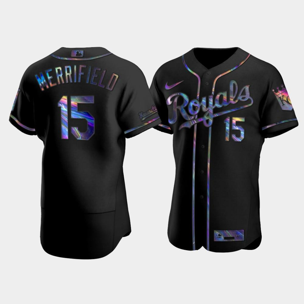 Kansas City Royals Whit Merrifield 15 Black Golden Edition Holographic MLB Jersey Men's