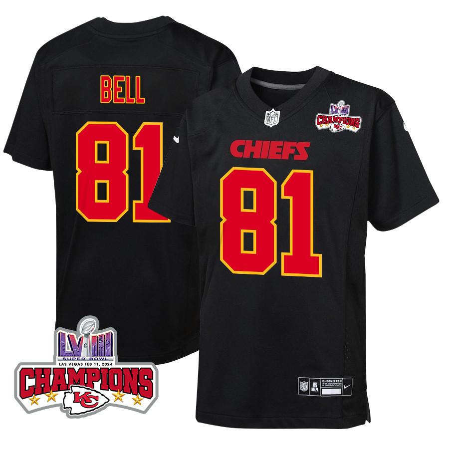 Blake Bell 81 Kansas City Chiefs Super Bowl LVIII Champions 4 Stars Patch Fashion Game Carbon Black NFL Jersey Youth