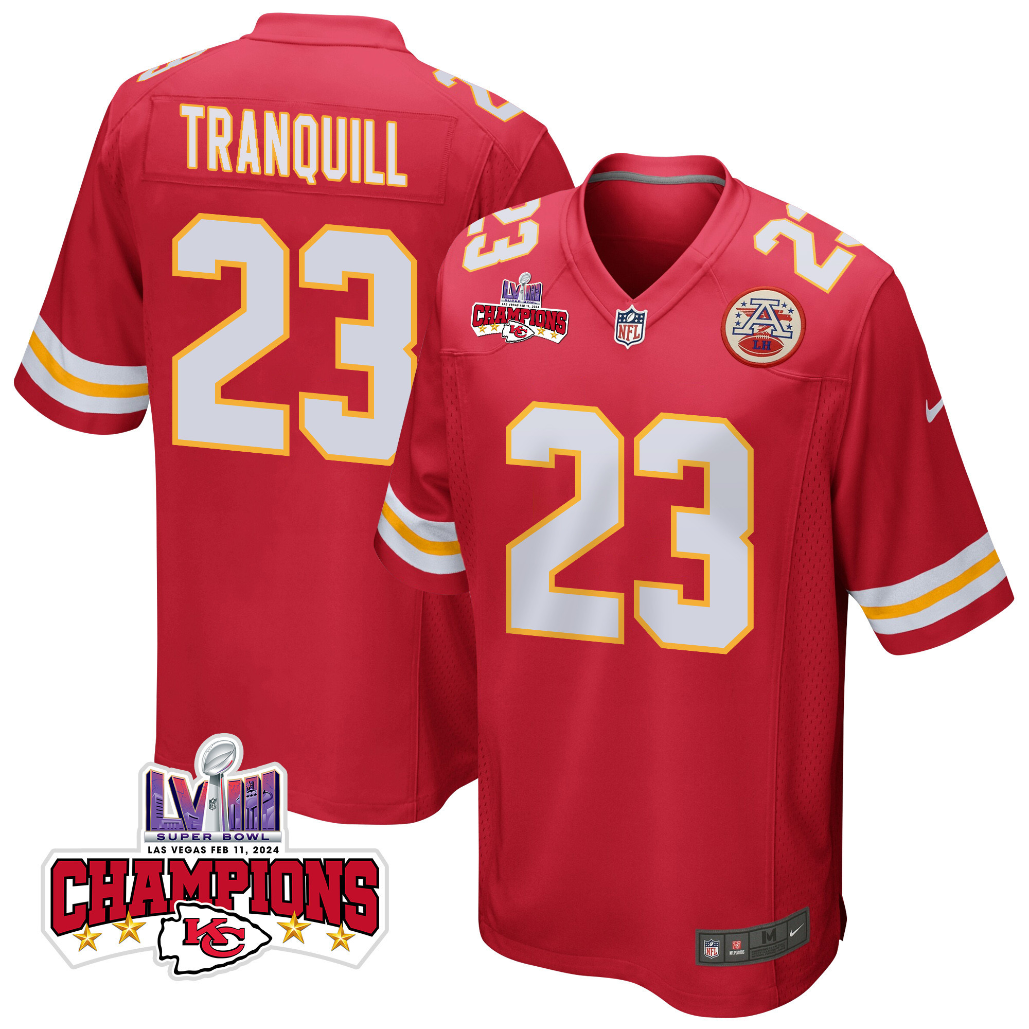 Drue Tranquill 23 Kansas City Chiefs Super Bowl LVIII Champions 4 Stars Patch Game Red NFL Jersey Men's