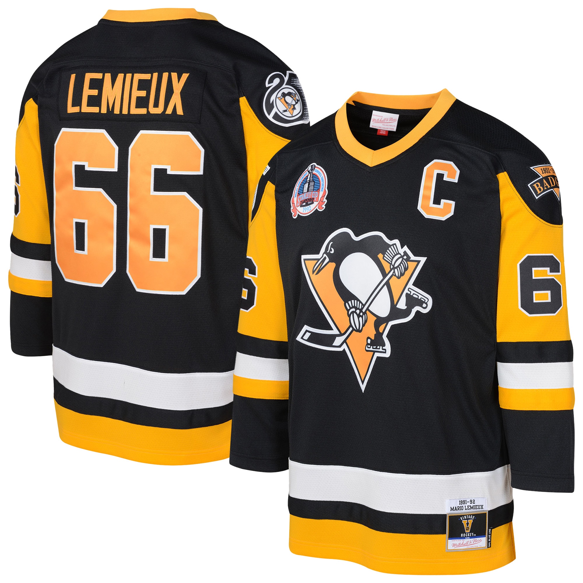 Pittsburgh Penguins Mario Lemieux Mitchell Ness Black 1991/92 Captain Patch Blue Line Player NHL Jersey Youth