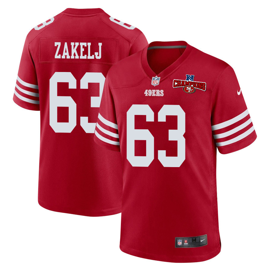 Nick Zakelj 63 San Francisco 49ers NFC Champions Patch Game Scarlet NFL Jersey Men's