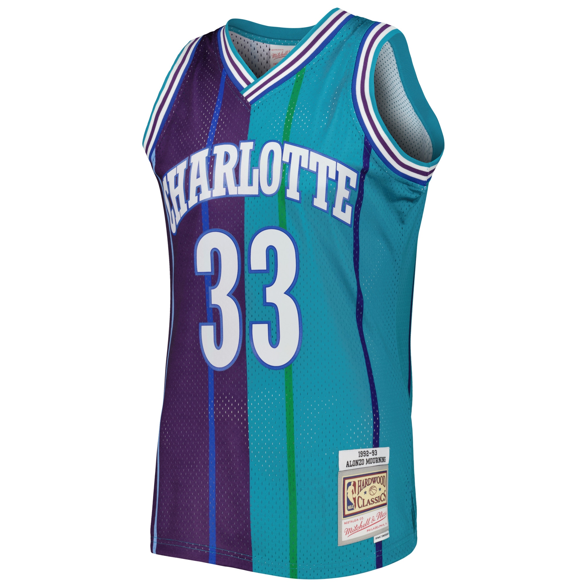 Mitchell Ness Alonzo Mourning Teal/Purple Charlotte Hornets Hardwood Classics 1992/93 Split Swingman NBA Jersey Men's