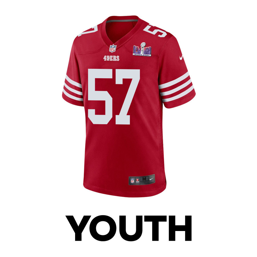 Dre Greenlaw 57 San Francisco 49ers Super Bowl LVIII Patch Game Scarlet NFL Jersey Youth