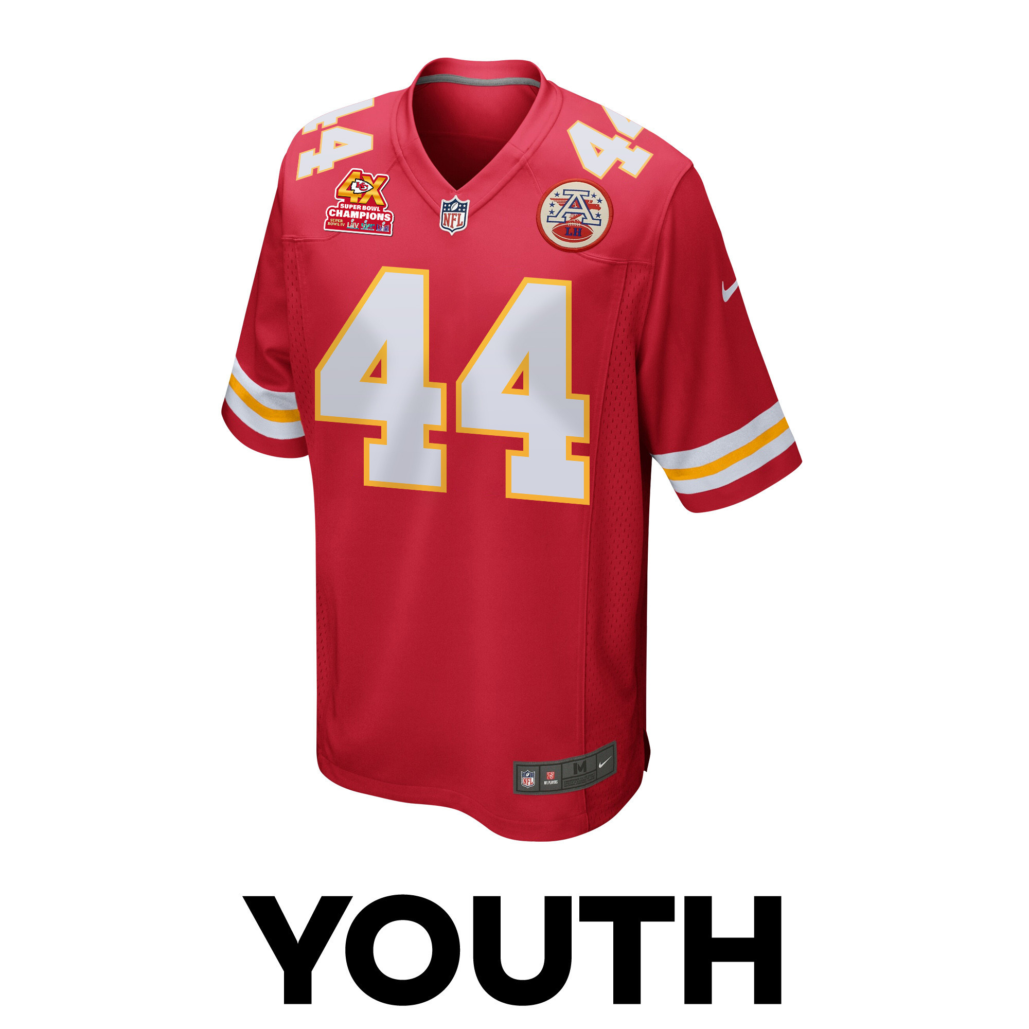 Cam Jones 44 Kansas City Chiefs Super Bowl LVIII Champions 4X Game Red NFL Jersey Youth
