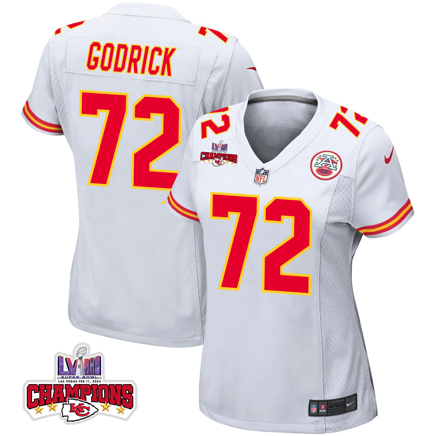 Chukwuebuka Godrick 72 Kansas City Chiefs Super Bowl LVIII Champions 4 Stars Patch Game White NFL Jersey Women's
