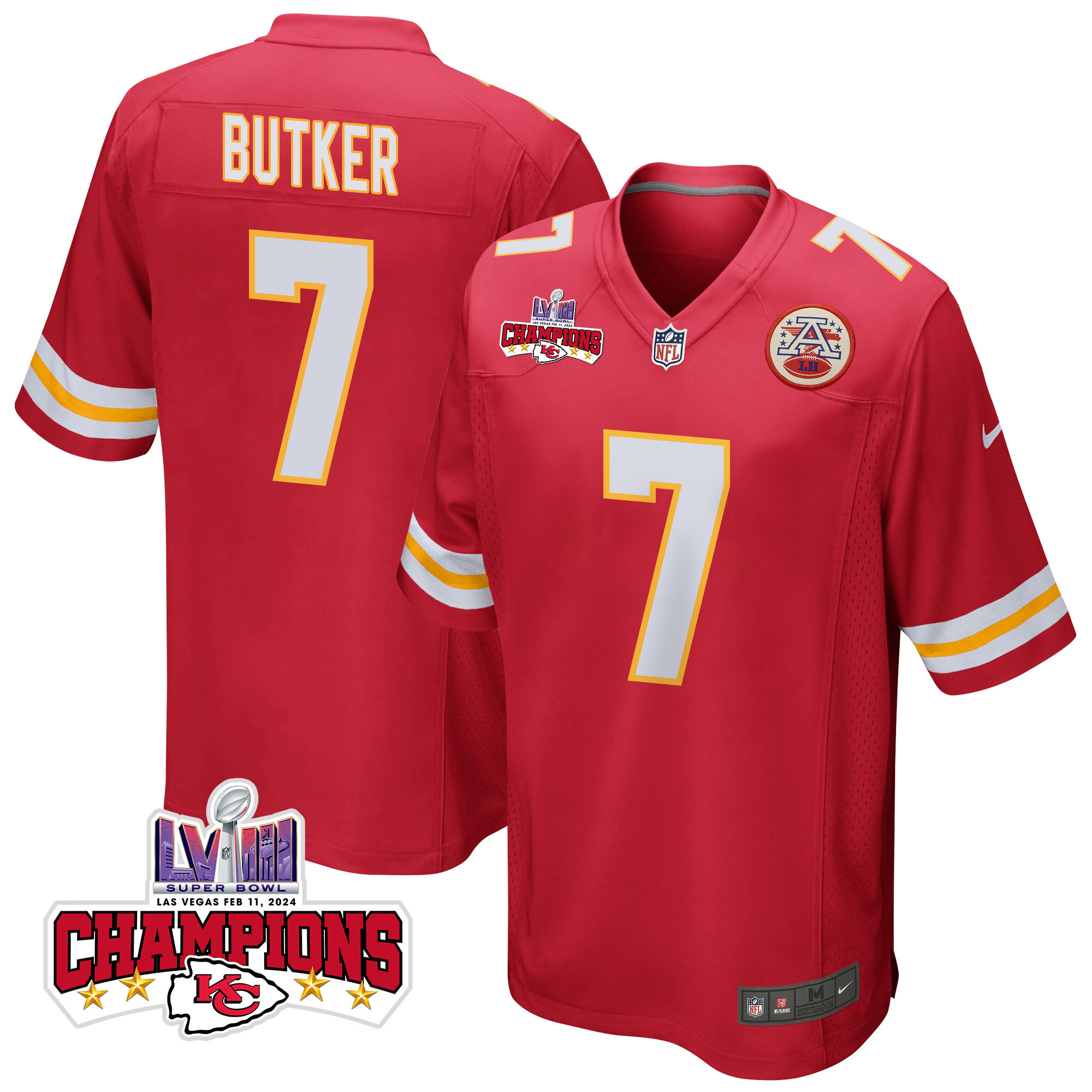 Harrison Butker 7 Kansas City Chiefs Super Bowl LVIII Champions 4 Stars Patch Game Red NFL Jersey Men's