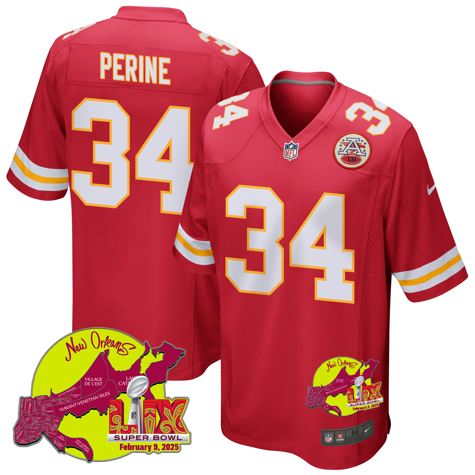 Samaje Perine 34 Kansas City Chiefs Super Bowl LIX New Orleans Patch Game Red NFL Jersey Men's