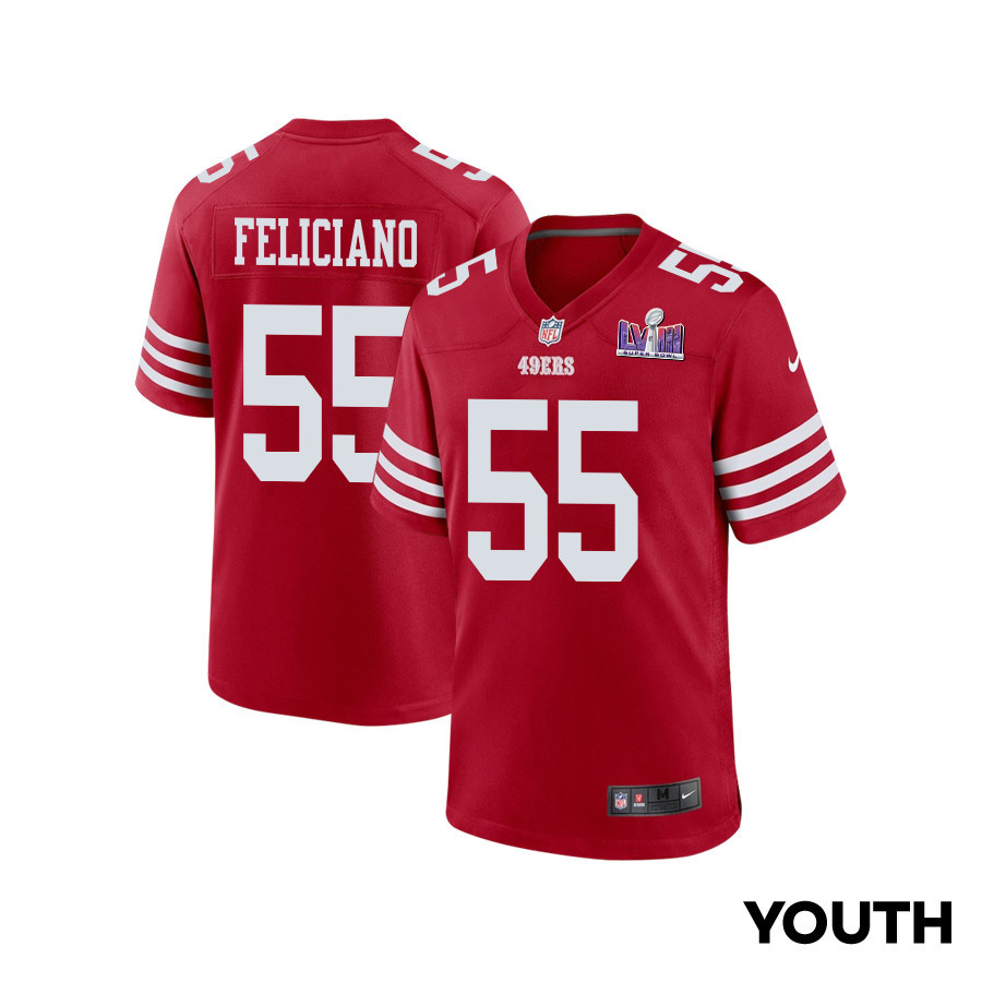 Jon Feliciano 55 San Francisco 49ers Super Bowl LVIII Patch Game Scarlet NFL Jersey Youth