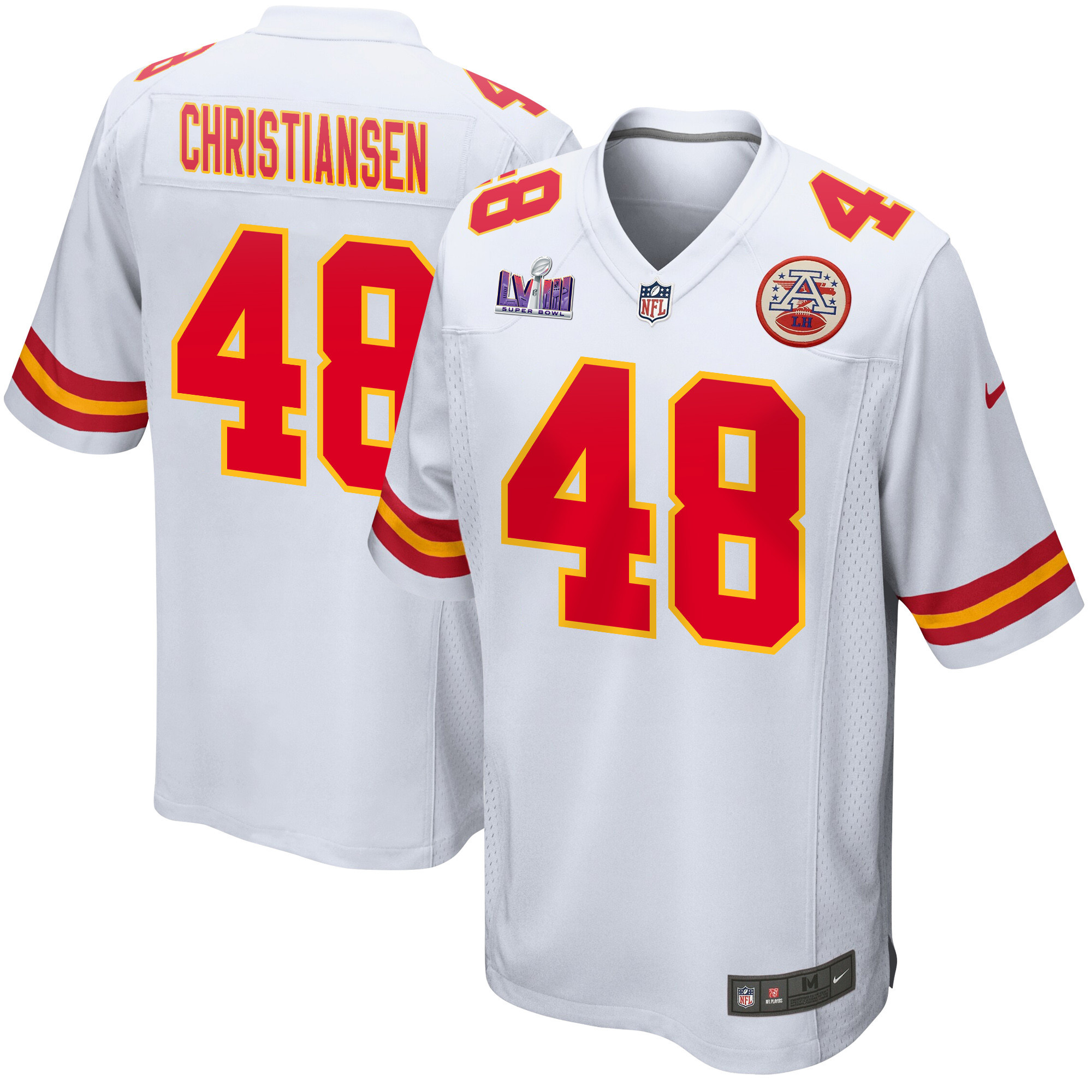 Cole Christiansen 48 Kansas City Chiefs Super Bowl LVIII Patch Game White NFL Jersey Men's