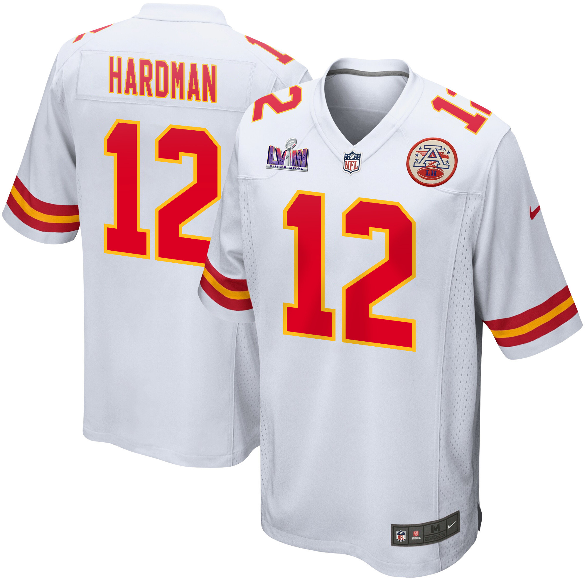 Mecole Hardman 12 Kansas City Chiefs Super Bowl LVIII Patch Game White NFL Jersey Men's