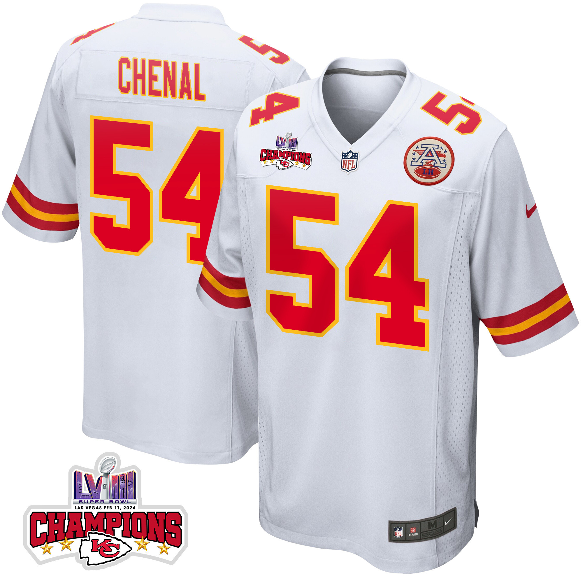 Leo Chenal 54 Kansas City Chiefs Super Bowl LVIII Champions 4 Stars Patch Game White NFL Jersey Men's