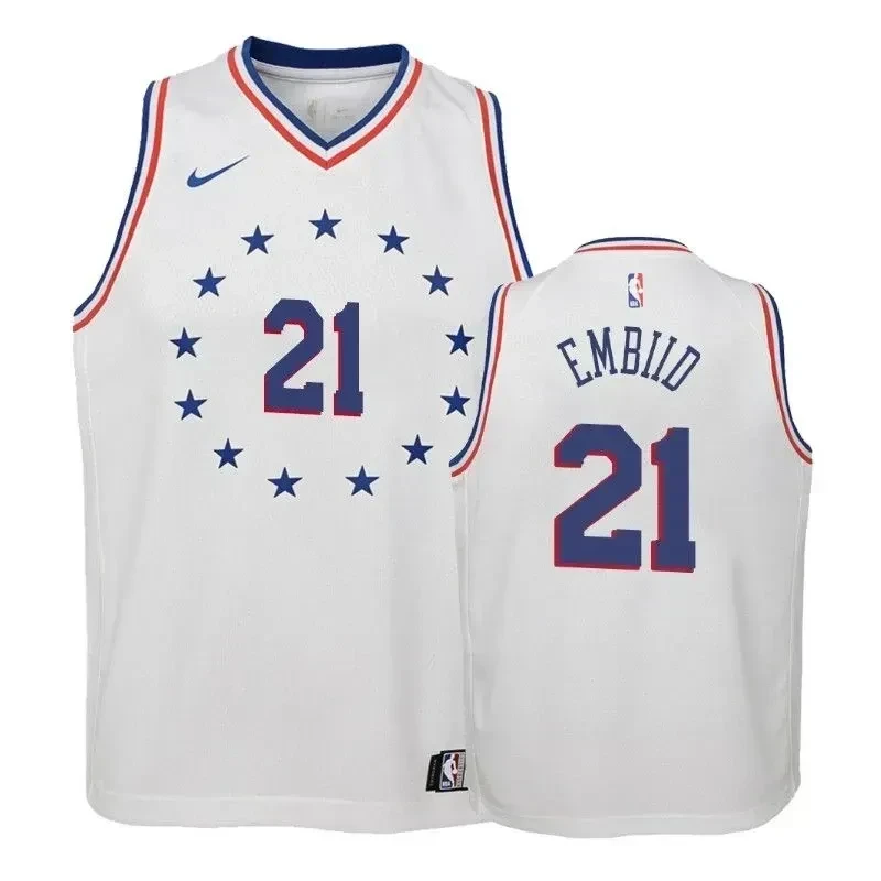 76ers Joel Embiid 21 2018-19 Earne White NBA Jersey Youth