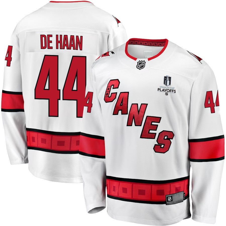 Calvin de Haan 44 Carolina Hurricanes Stanley Cup 2023 Playoffs Patch Away Breakaway White NHL Jersey Men's
