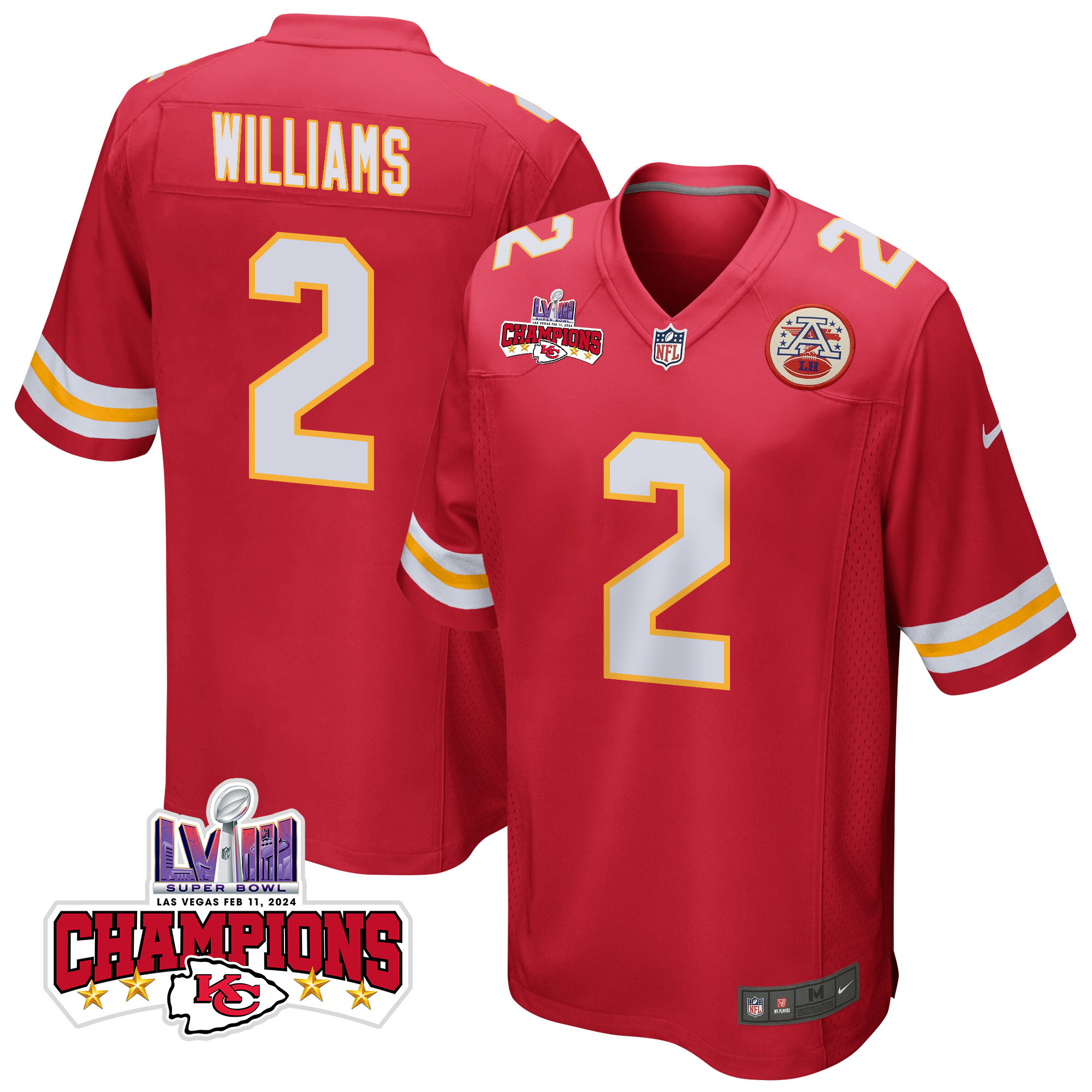 Joshua Williams 2 Kansas City Chiefs Super Bowl LVIII Champions 4 Stars Patch Game Red NFL Jersey Men's