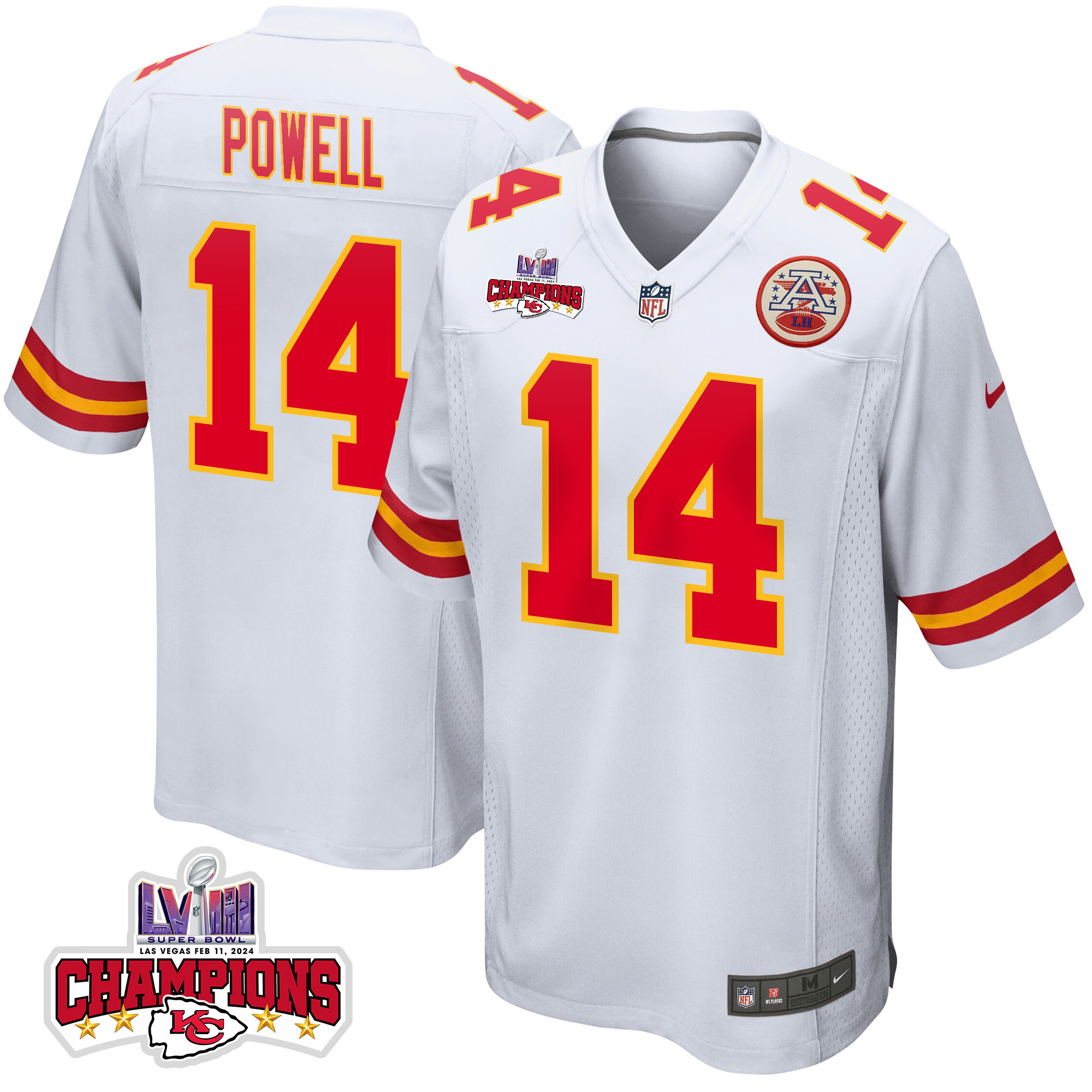 Cornell Powell 14 Kansas City Chiefs Super Bowl LVIII Champions 4 Stars Patch Game White NFL Jersey Men's