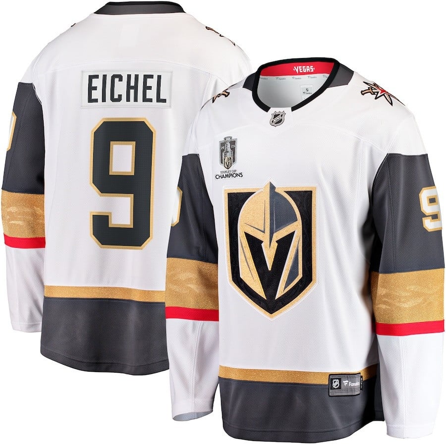 Jack Eichel 9 Vegas Golden Knights 2023 Stanley Cup Champions Patch Away Breakaway Player White NHL Jersey Men's