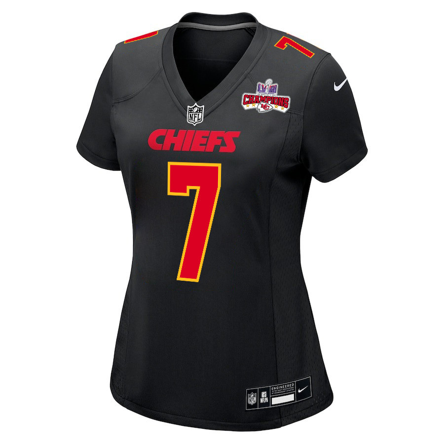 Harrison Butker 7 Kansas City Chiefs Super Bowl LVIII Champions 4 Stars Patch Fashion Game Carbon Black NFL Jersey Women's