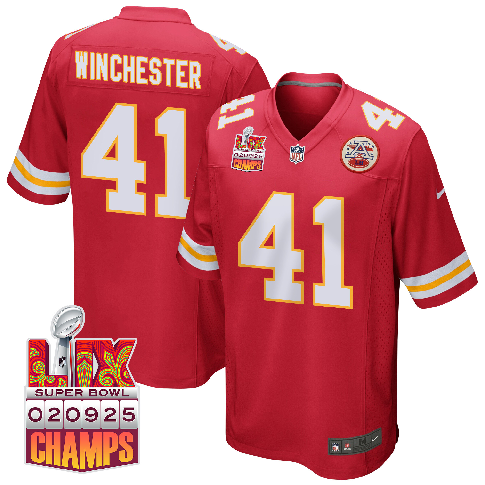 James Winchester 41 Kansas City Chiefs Super Bowl LIX Champions Patch Game Red NFL Jersey Men's