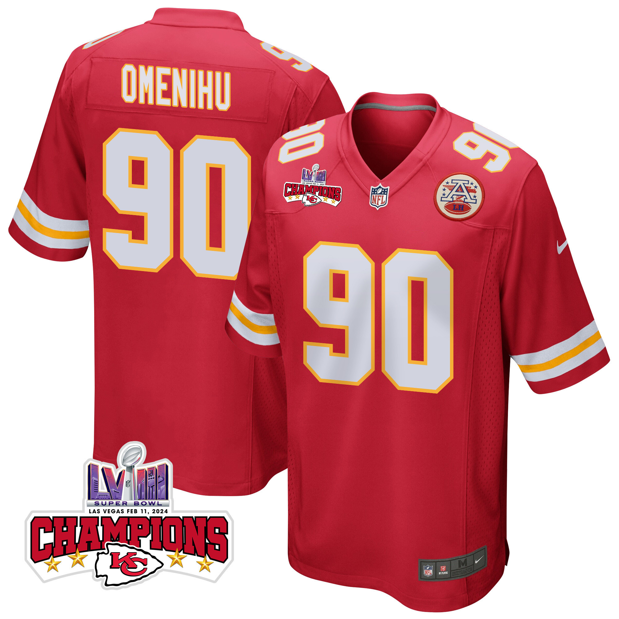 Charles Omenihu 90 Kansas City Chiefs Super Bowl LVIII Champions 4 Stars Patch Game Red NFL Jersey Men's