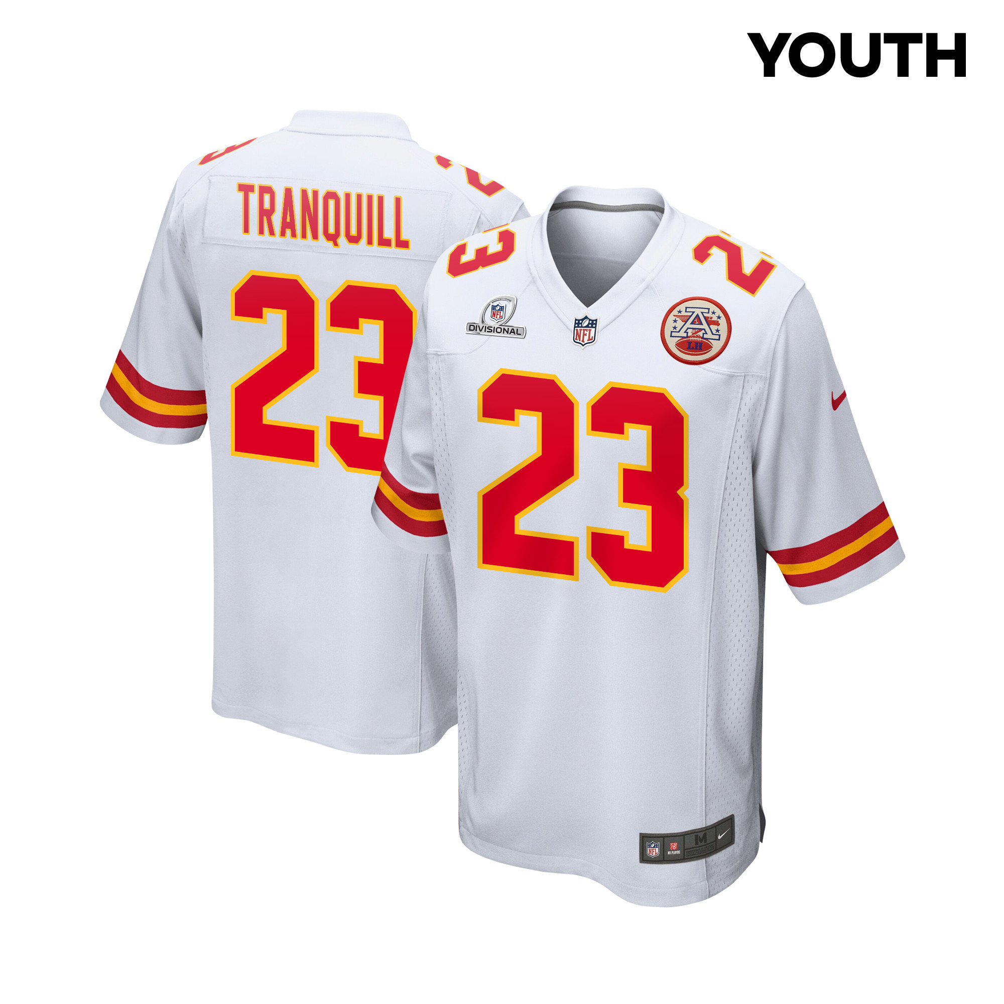 Drue Tranquill 23 Kansas City Chiefs Super Bowl LVIII Patch Game White NFL Jersey Youth