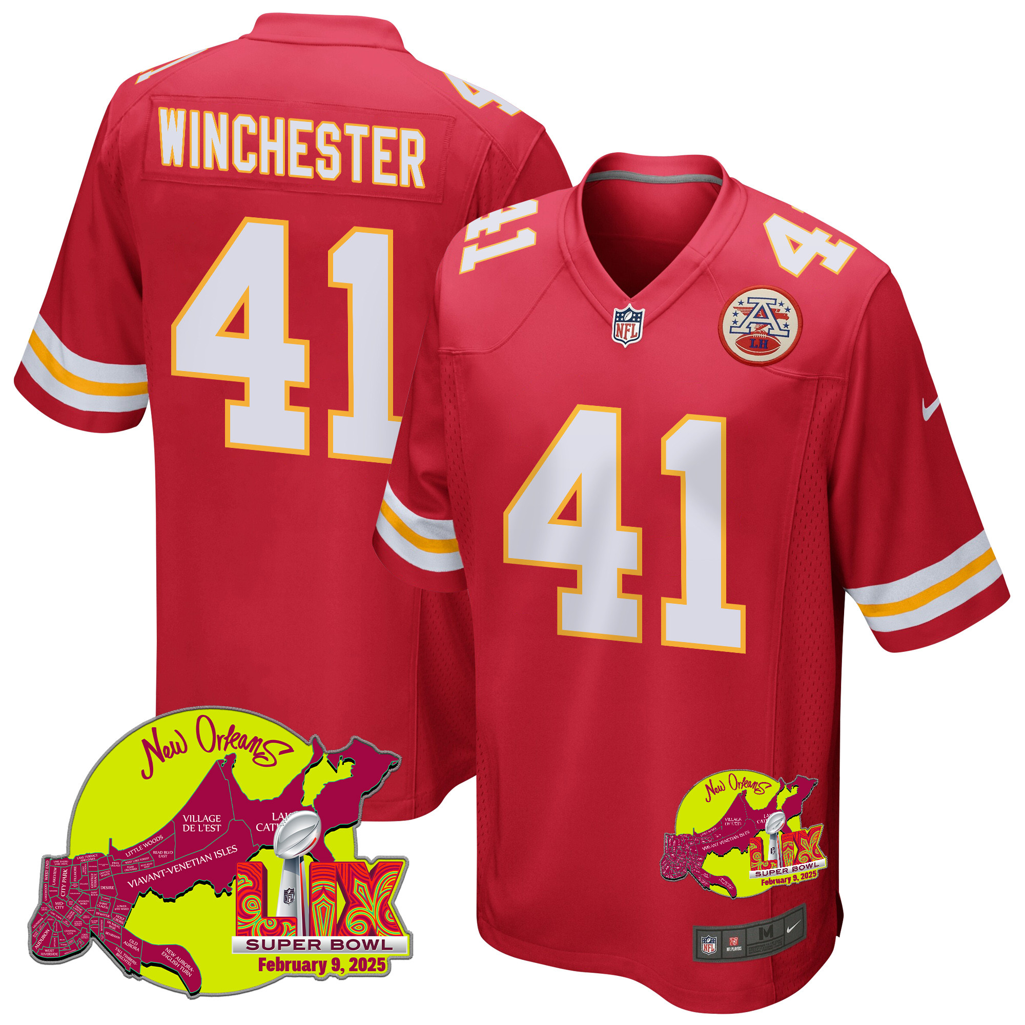 James Winchester 41 Kansas City Chiefs Super Bowl LIX New Orleans Patch Game Red NFL Jersey Men's