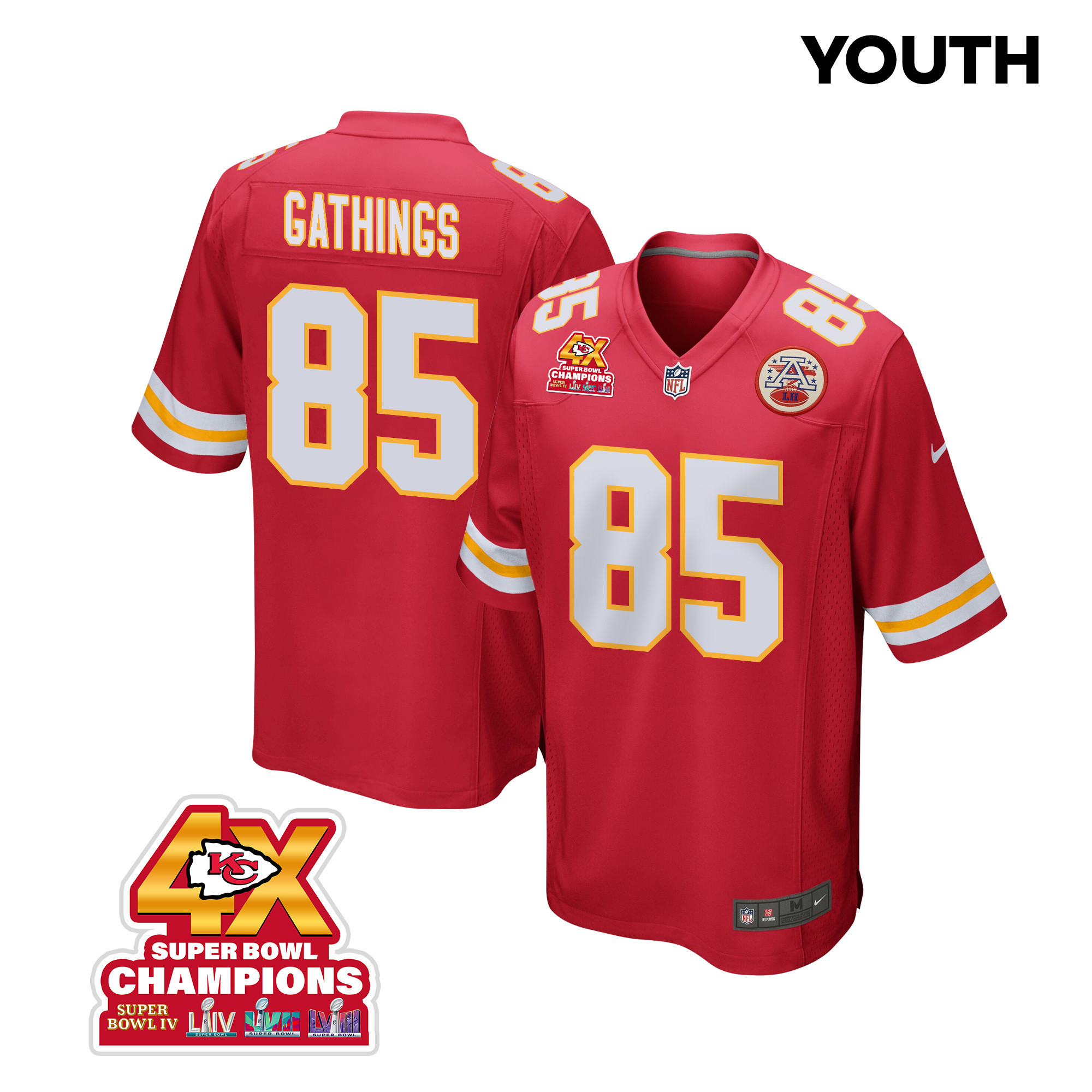 Izaiah Gathings 85 Kansas City Chiefs Super Bowl LVIII Champions 4X Game Red NFL Jersey Youth