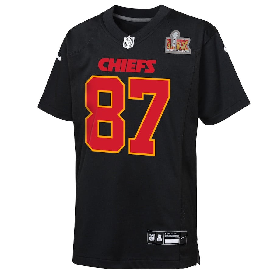 Travis Kelce 87 Kansas City Chiefs Super Bowl LIX Patch Fashion Game Carbon Black NFL Jersey Youth