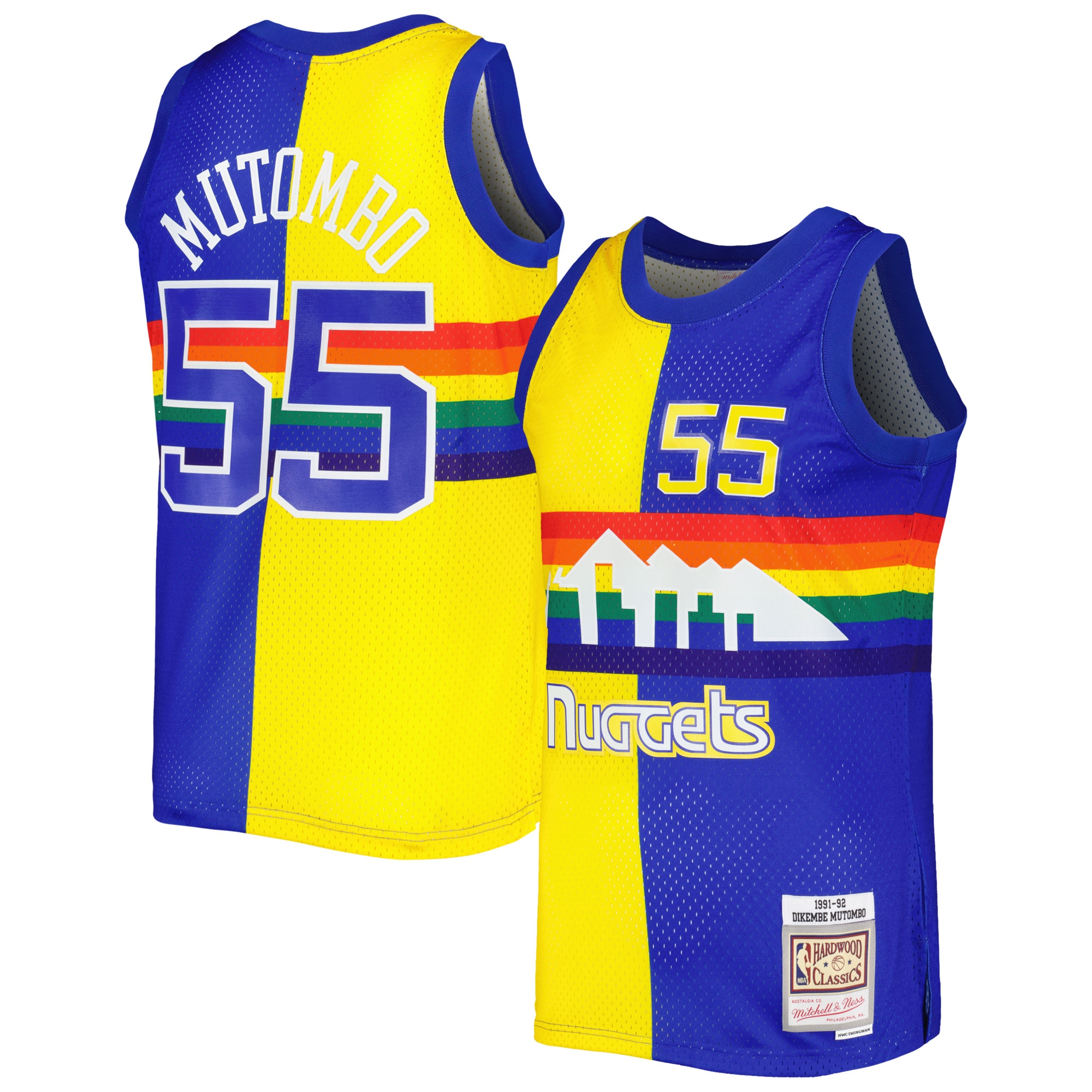 Mitchell Ness Dikembe Mutombo Royal/Gold Denver Nuggets Hardwood Classics 1991/92 Split Swingman NBA Jersey Men's