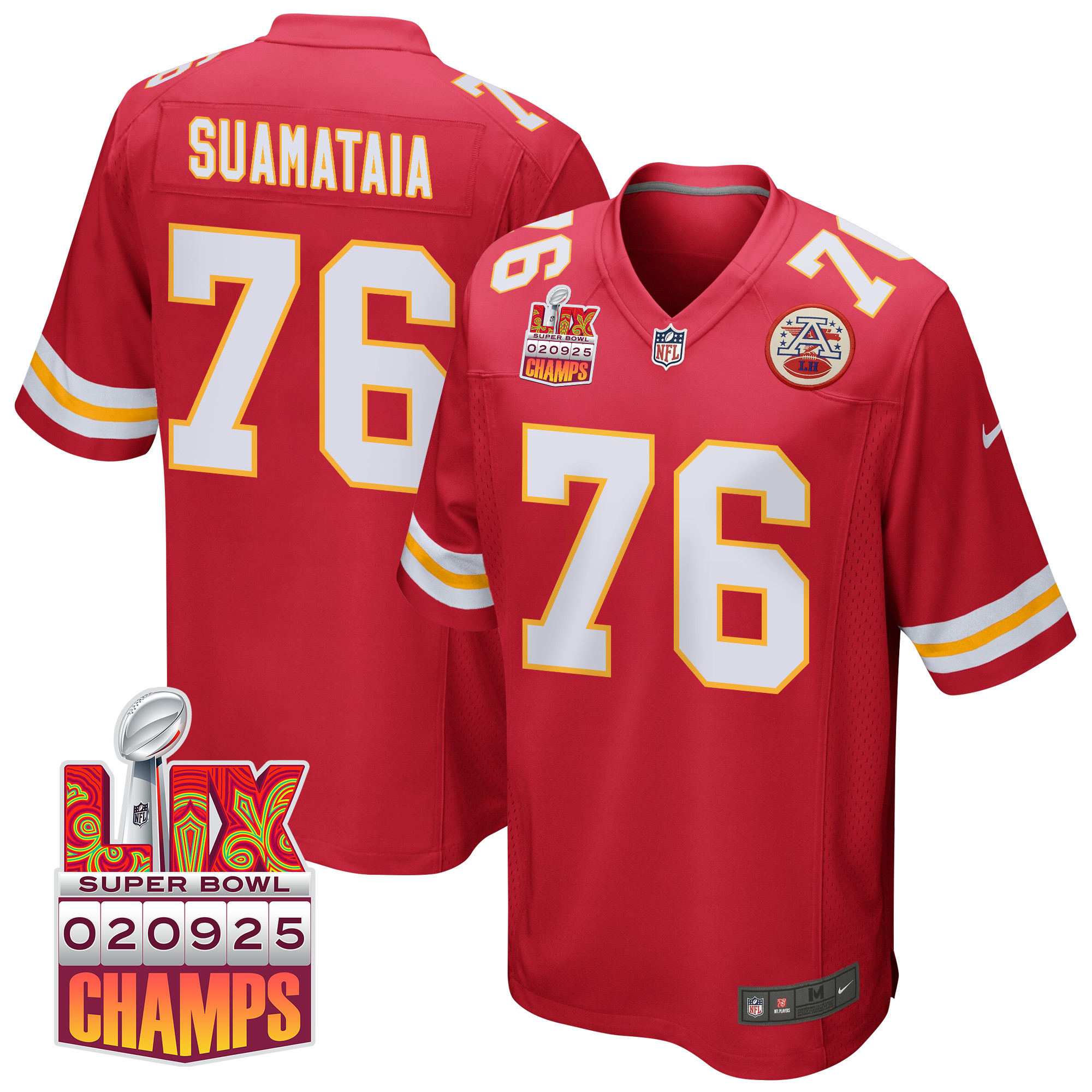Kingsley Suamataia 76 Kansas City Chiefs Super Bowl LIX Champions Patch Game Red NFL Jersey Men's