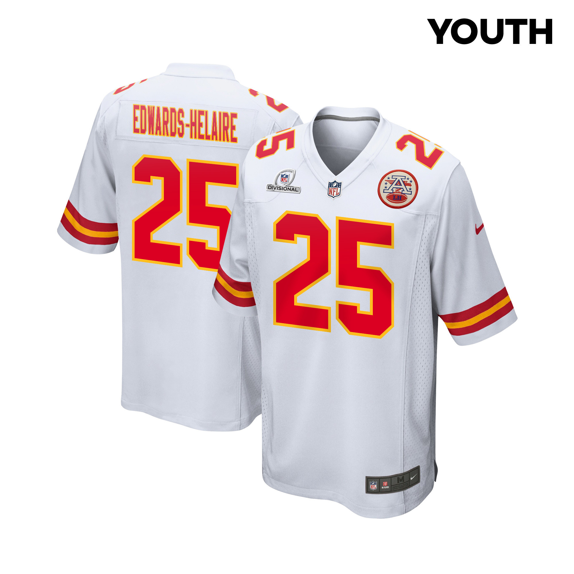 Clyde Edwards-Helaire 25 Kansas City Chiefs Super Bowl LVIII Patch Game White NFL Jersey Youth
