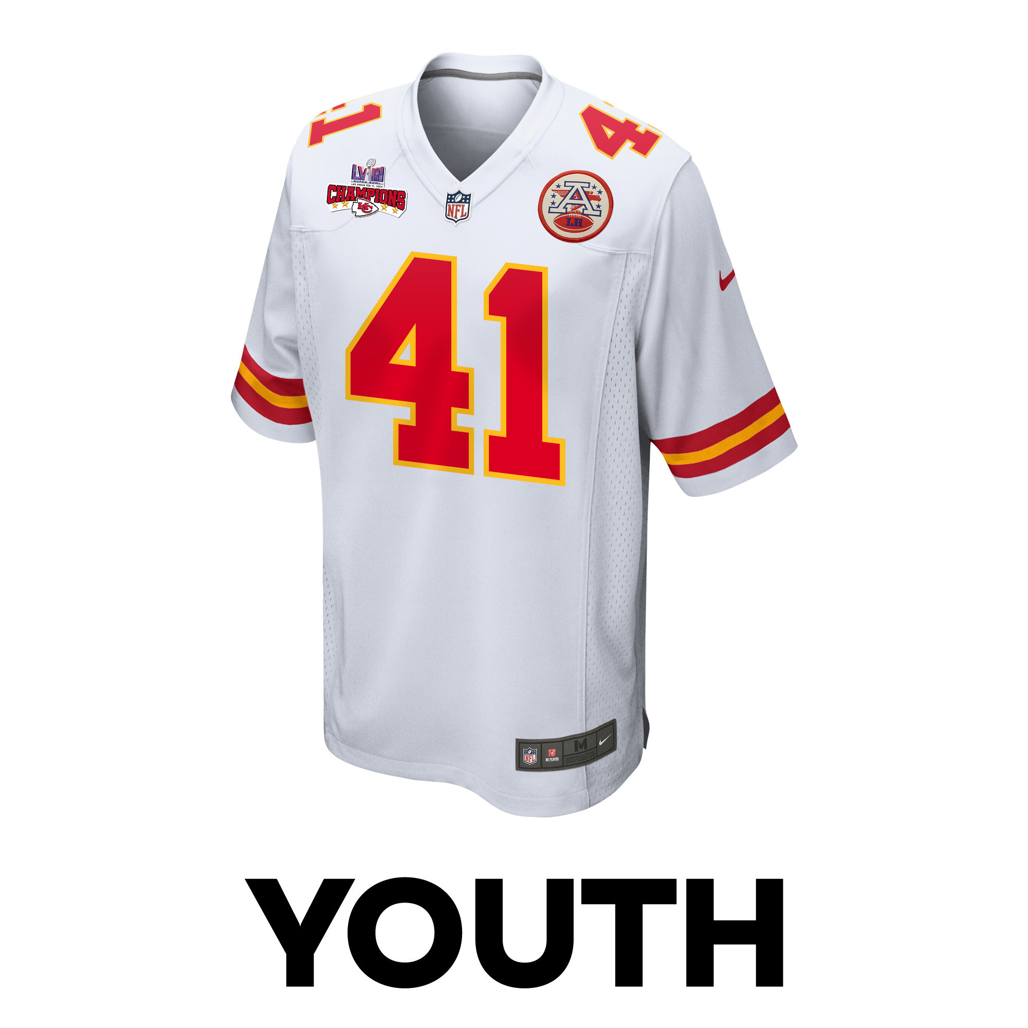 James Winchester 41 Kansas City Chiefs Super Bowl LVIII Champions 4 Stars Patch Game White NFL Jersey Youth