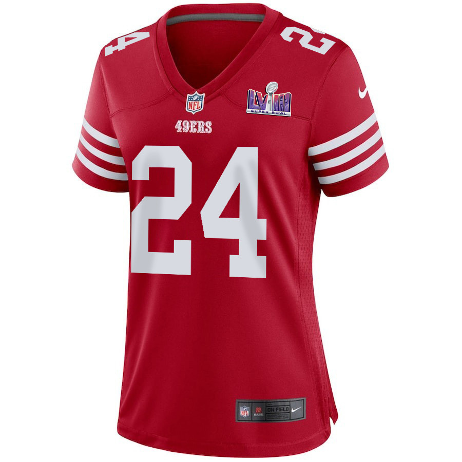 Jordan Mason 24 San Francisco 49ers Super Bowl LVIII Patch Game Scarlet NFL Jersey Women's