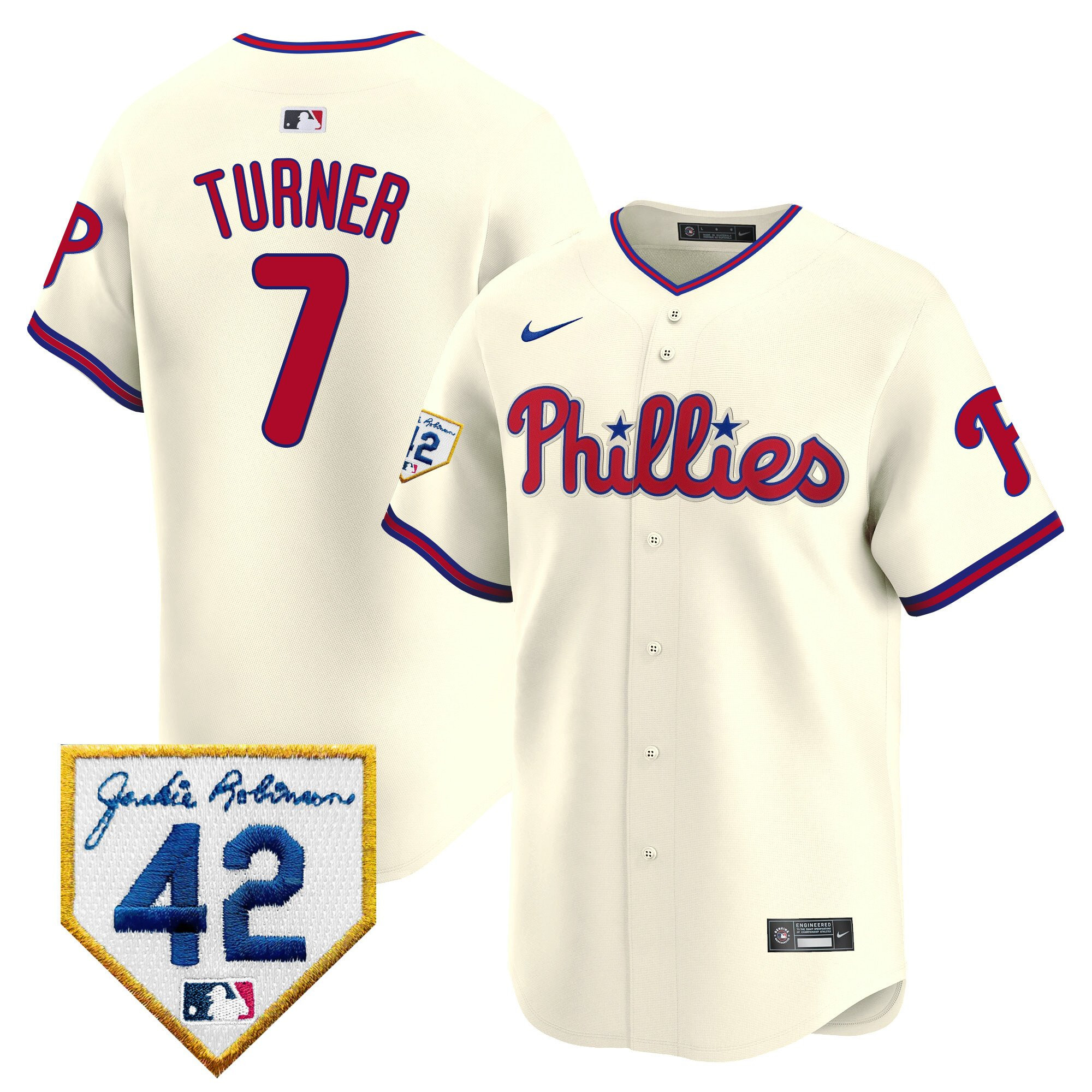 Trea Turner 7 Philadelphia Phillies 2024 Jackie Robinson Patch Cream MLB Jersey Men's
