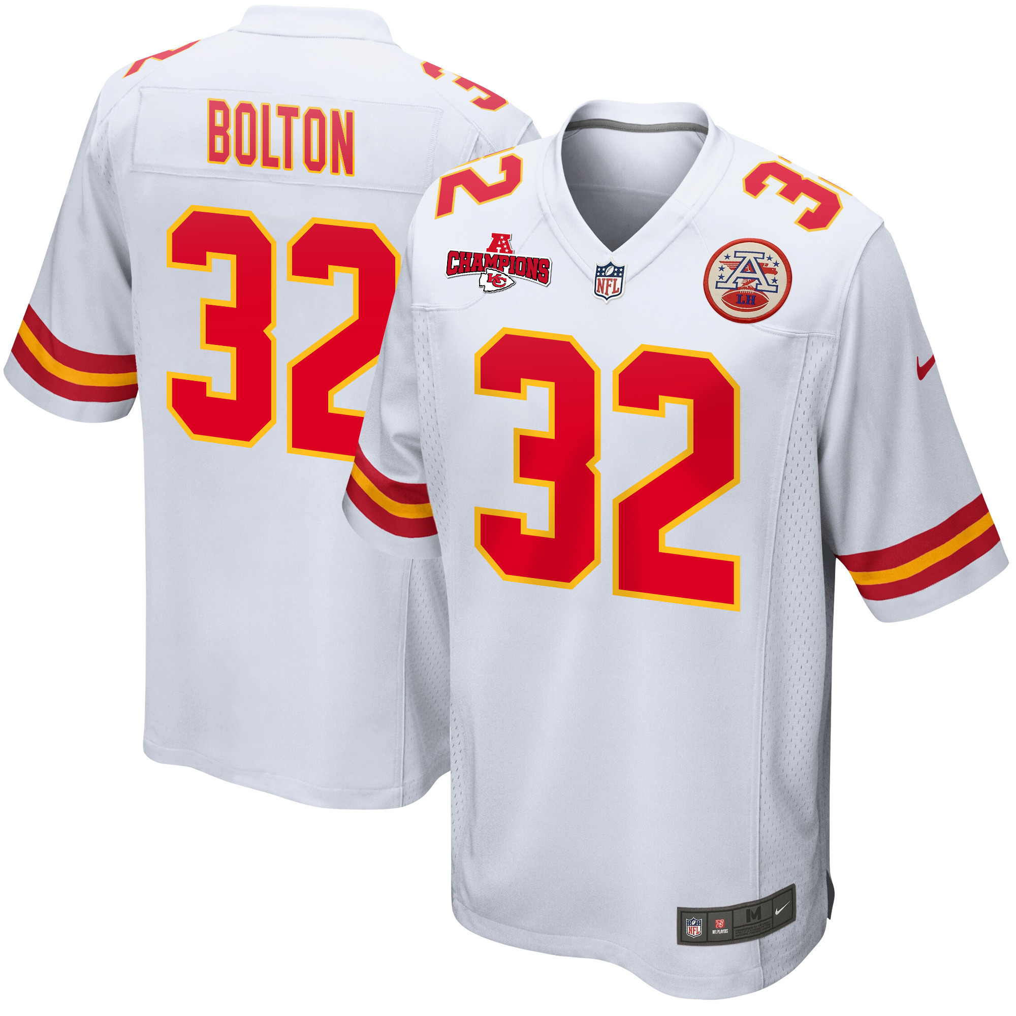 Nick Bolton 32 Kansas City Chiefs AFC Champions Patch Game White NFL Jersey Men's