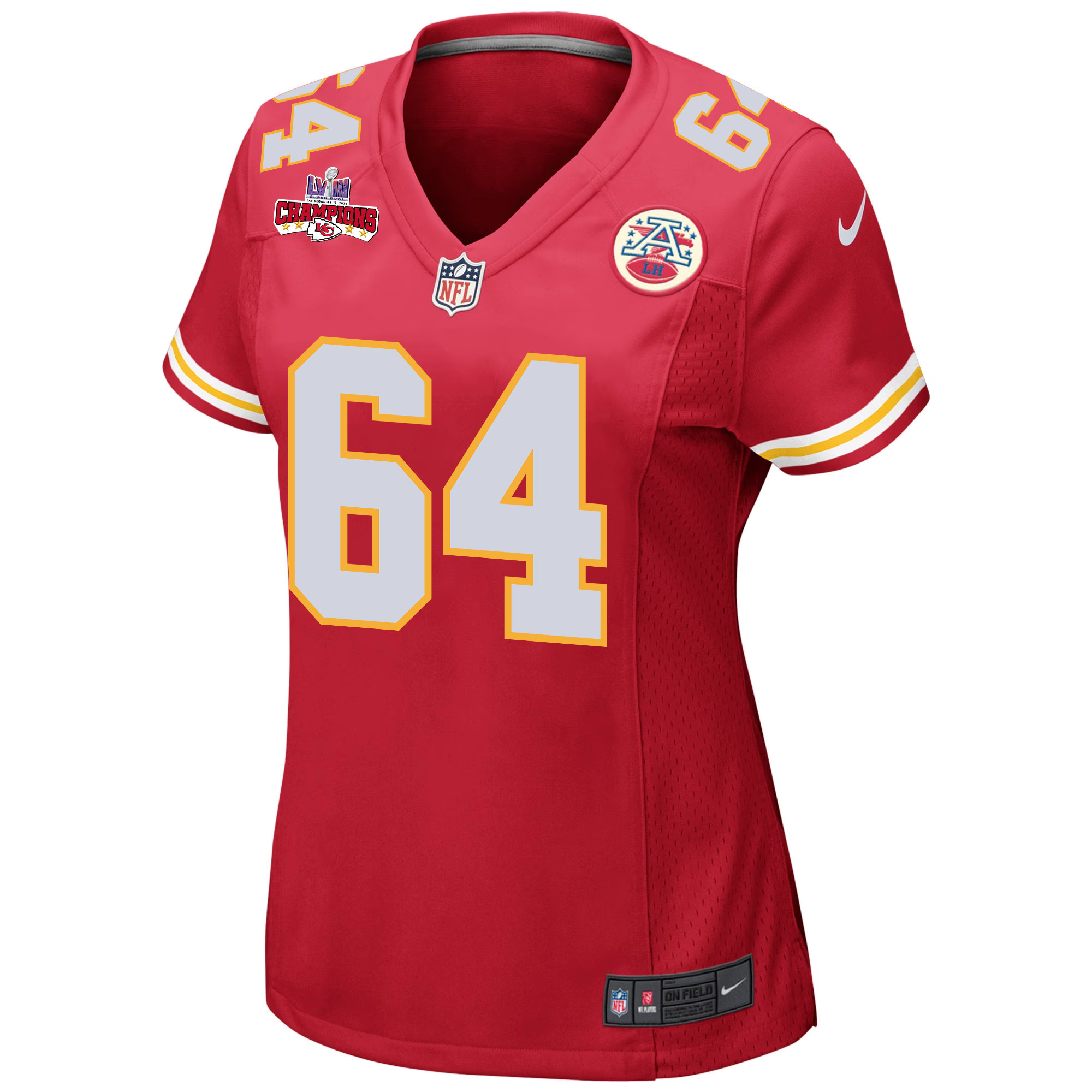 Wanya Morris 64 Kansas City Chiefs Super Bowl LVIII Champions 4 Stars Patch Game Red NFL Jersey Women's